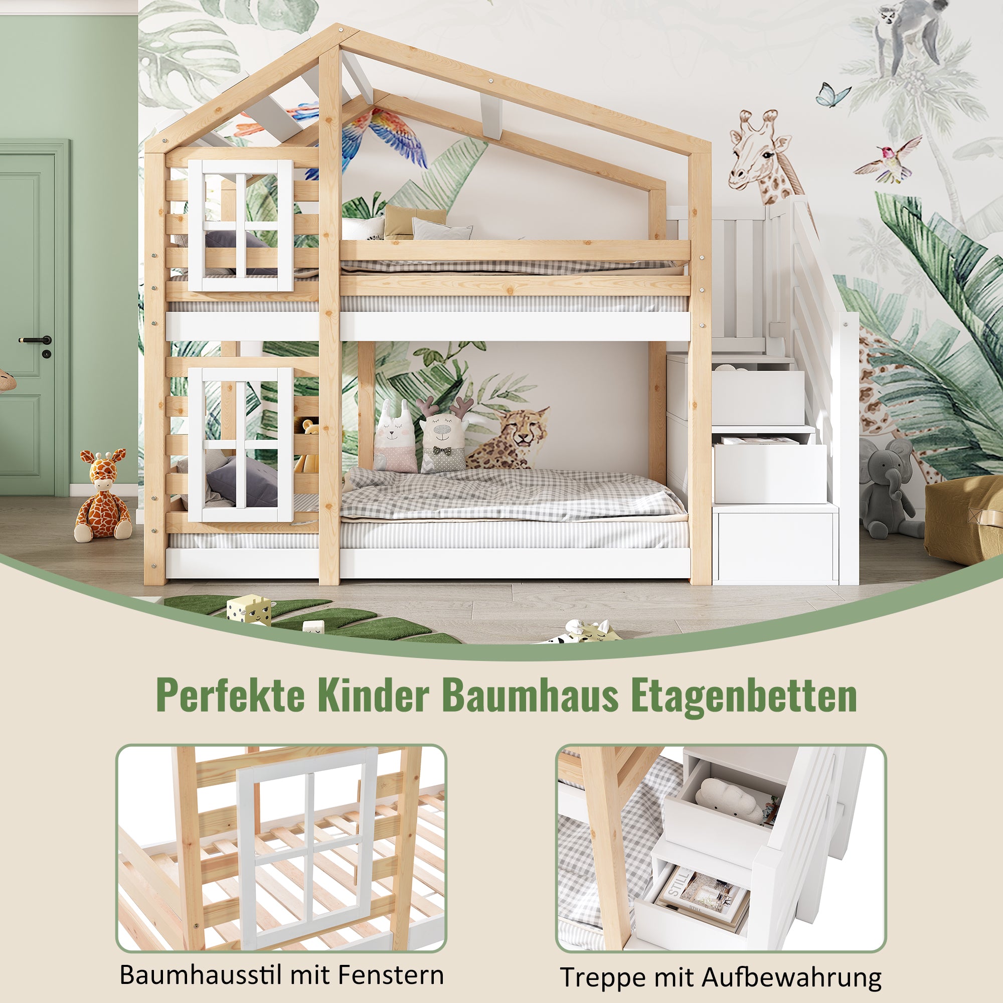 Children's Treehouse Bunk Bed 90x200cm Window Design Storage - Natural & White