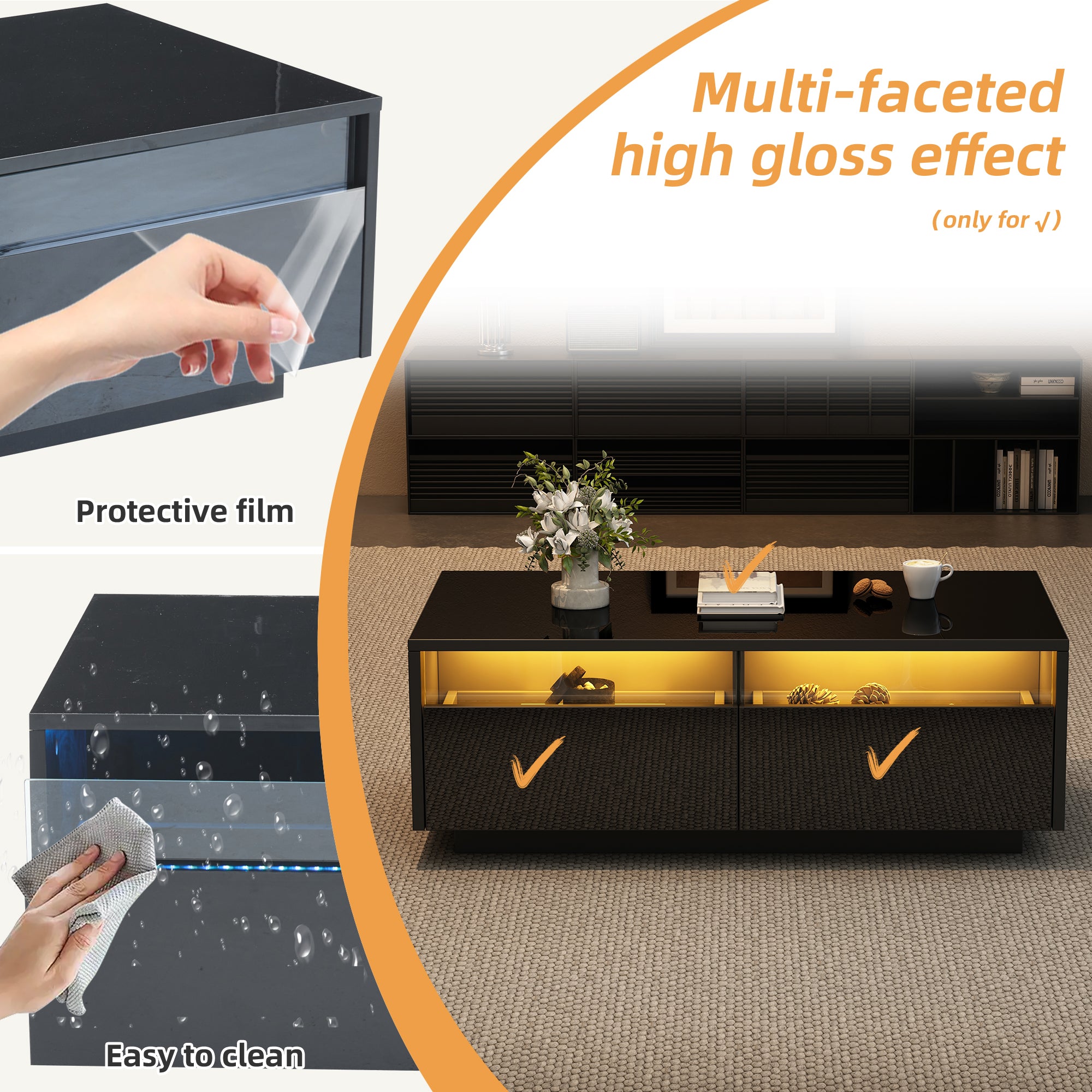 LED Coffee Table with 2 Drawers and Tempered Glass Door, Black High-Gloss