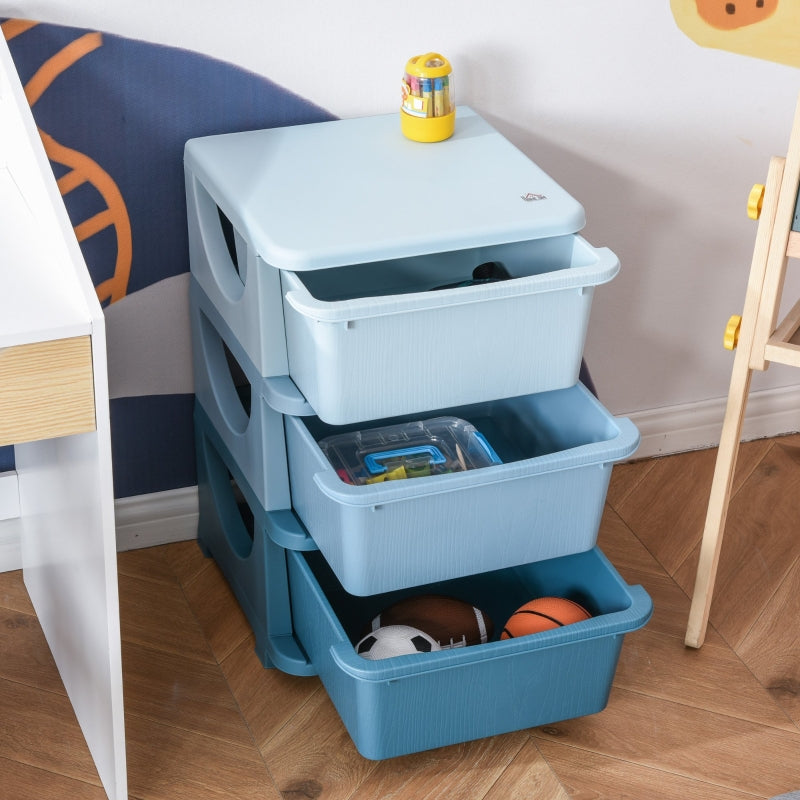 Kids' Storage Boxes, 3 Drawers, Rounded Edges, Blue