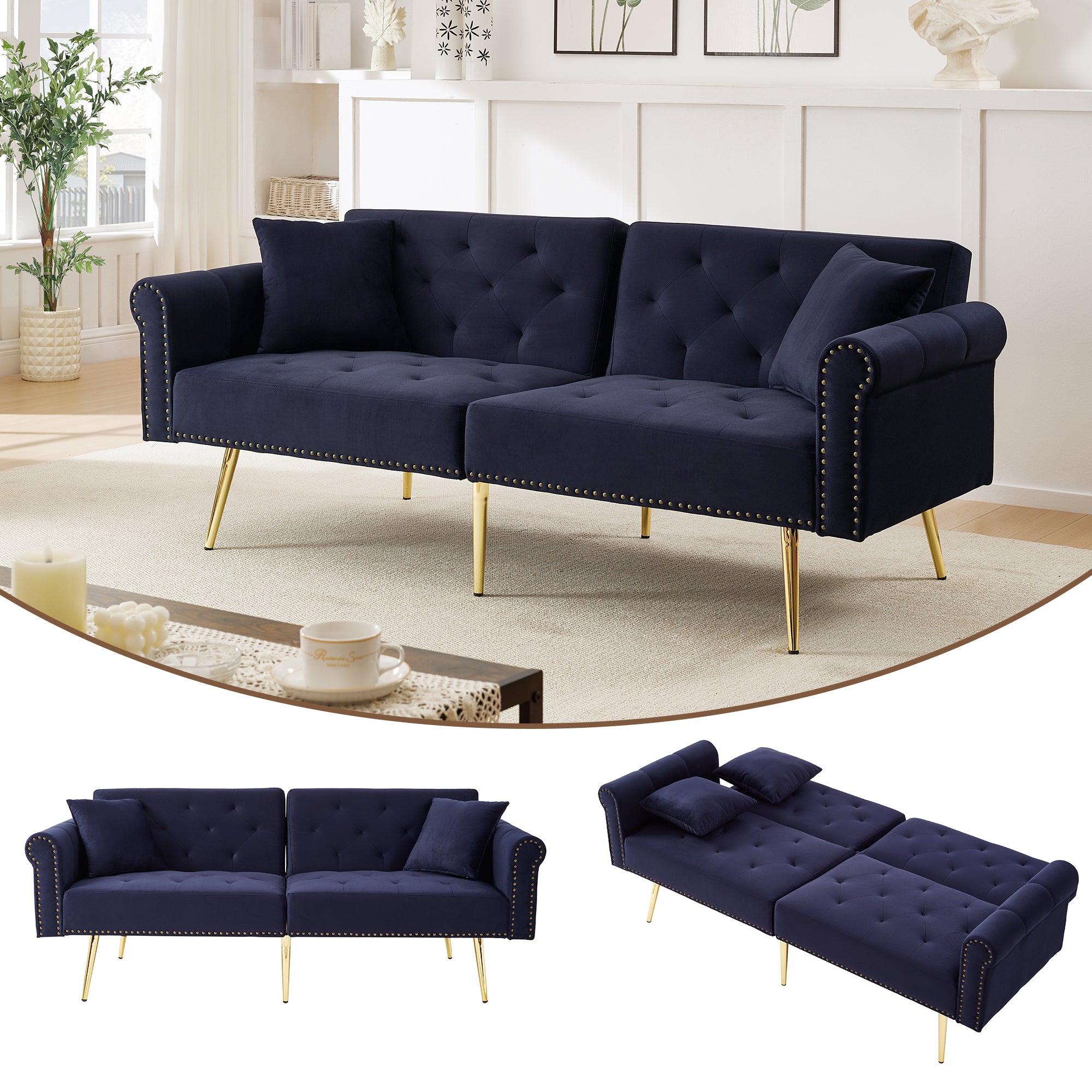 Sofa Bed, Modern 2-Seater, 3-Level Adjustable Backrest, Velvet