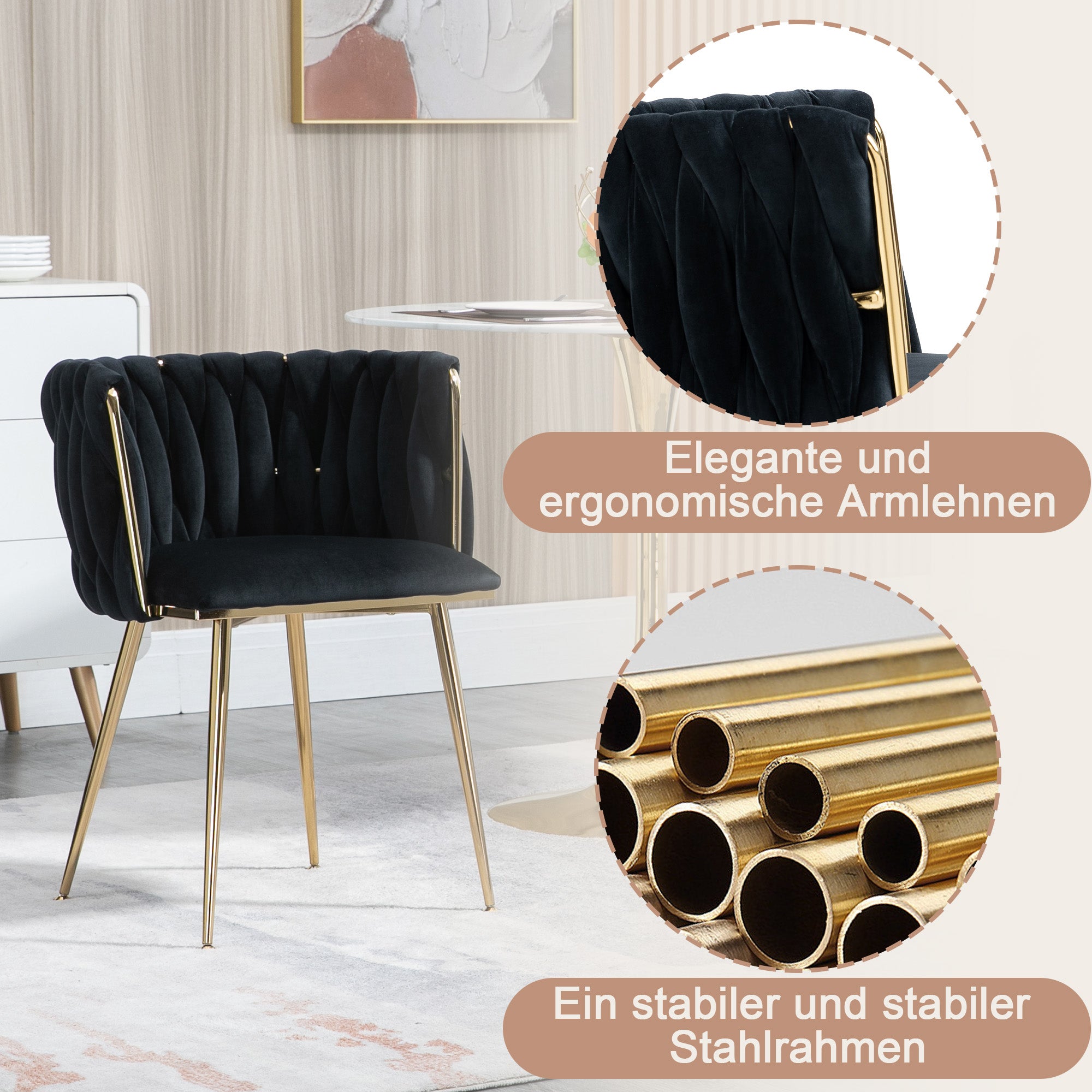 Dining Chair Set Modern Luxury Handwoven Gold Legs Soft Cushion Velvet (Set of 2)