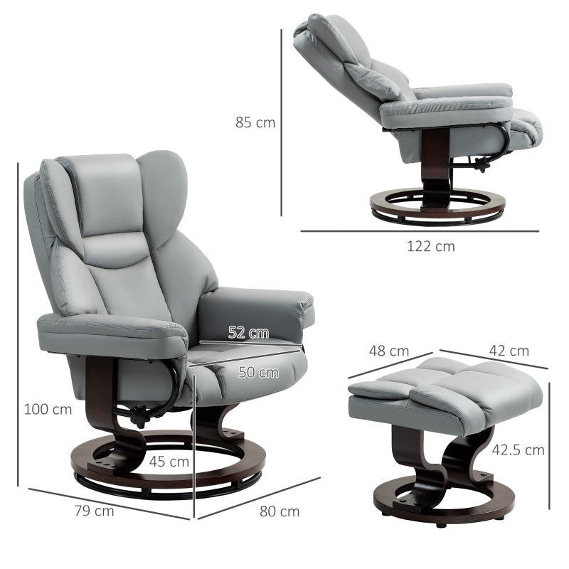 360° Swivel Recliner Chair with Footstool, Manual Recliner Armchair, PU Leather Light Grey