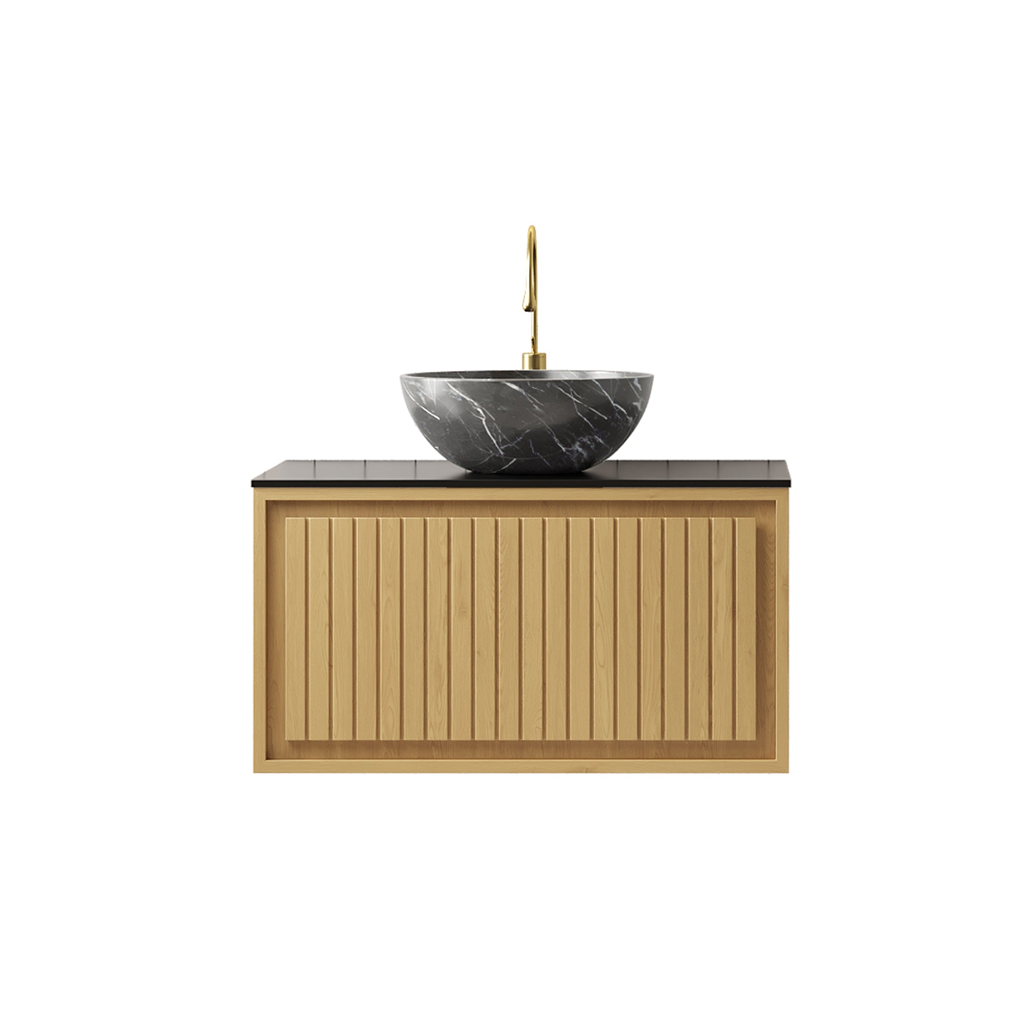 KOLAS Wall-Mounted Sink & Cabinet with Drawer, 61cm - Black Ceramic & Oak Wood Grain