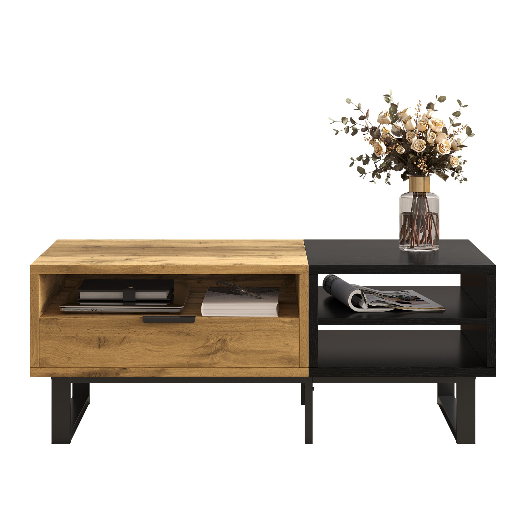 Coffee Table with Color Block, Compartments, Drawers, Metal Legs