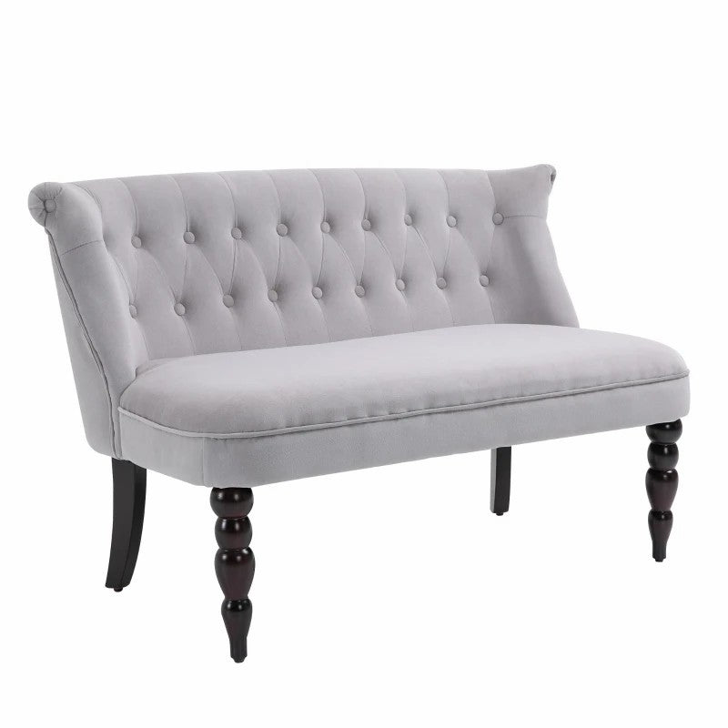 Loveseat, Compact 2 Seater Button Tufted with Carved Legs, Wood Frame, Grey