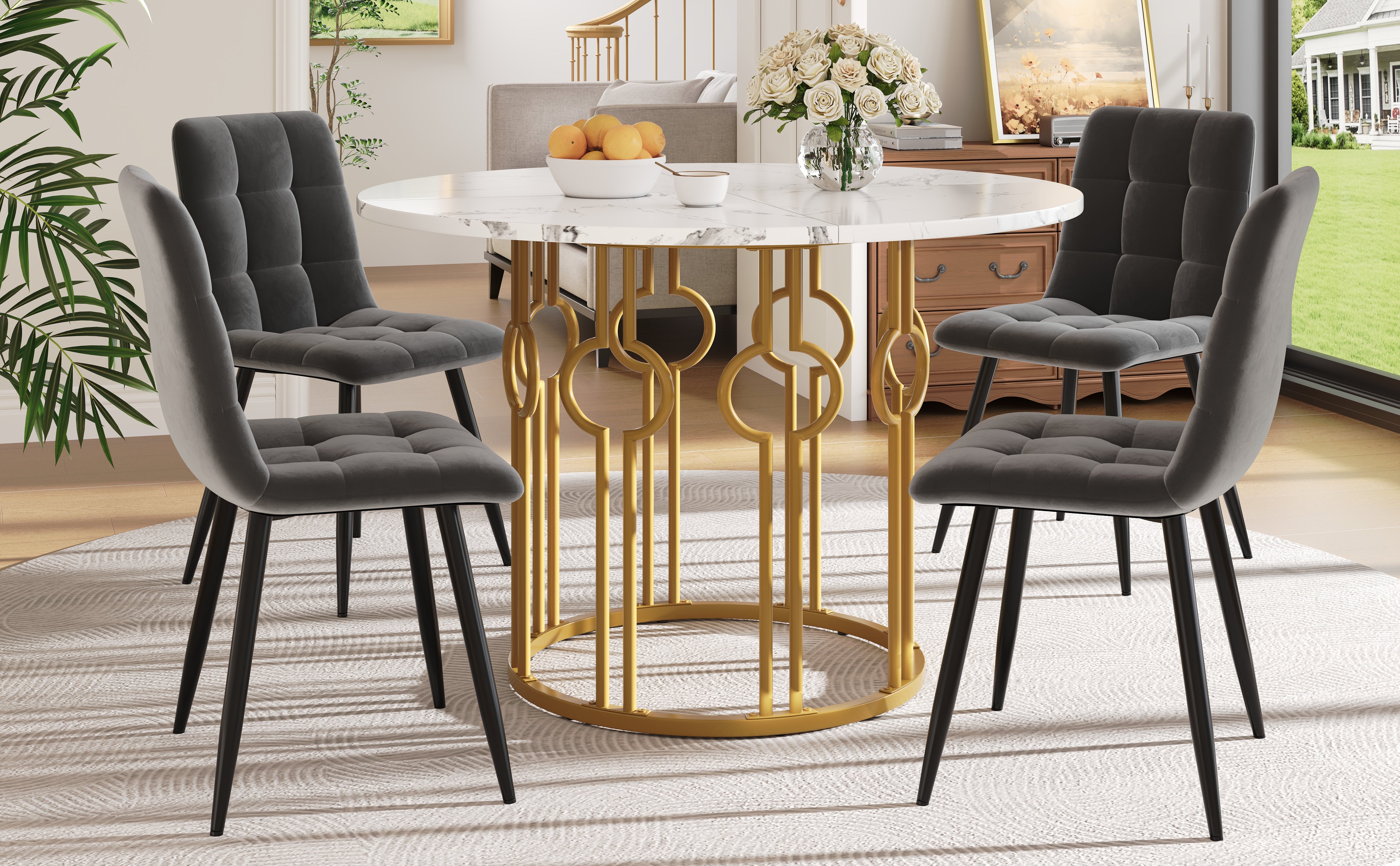 Dining Set 5-Piece Round Table 100cm, 4 Chairs, Gold Metal Legs, White MDF Top | Dark Grey Velvet