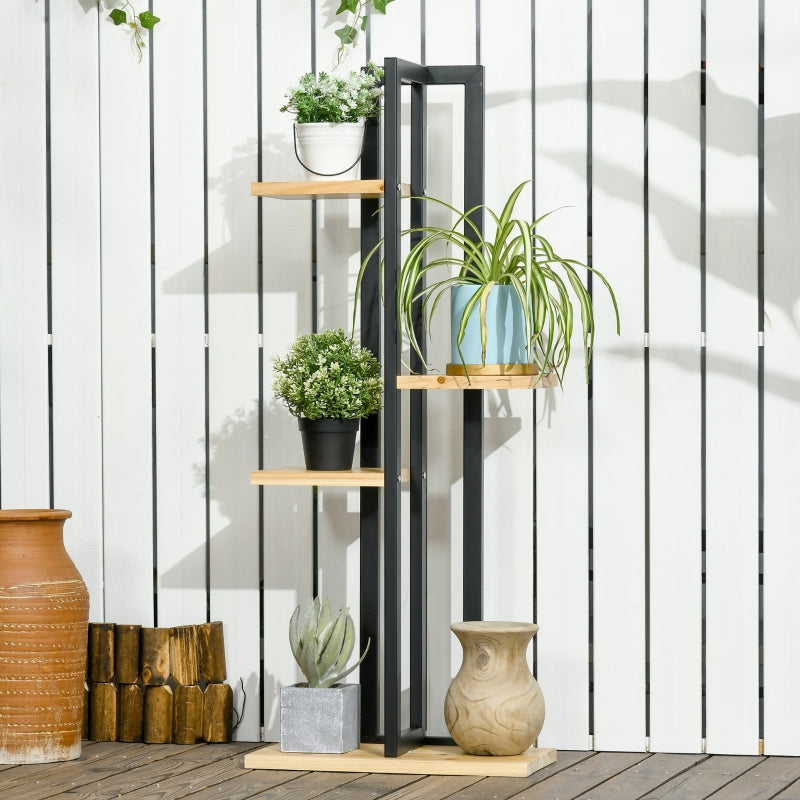 4-Tier Plant Stand, Adjustable 110cm High, Indoor Outdoor, Wood Black+Natural Wood