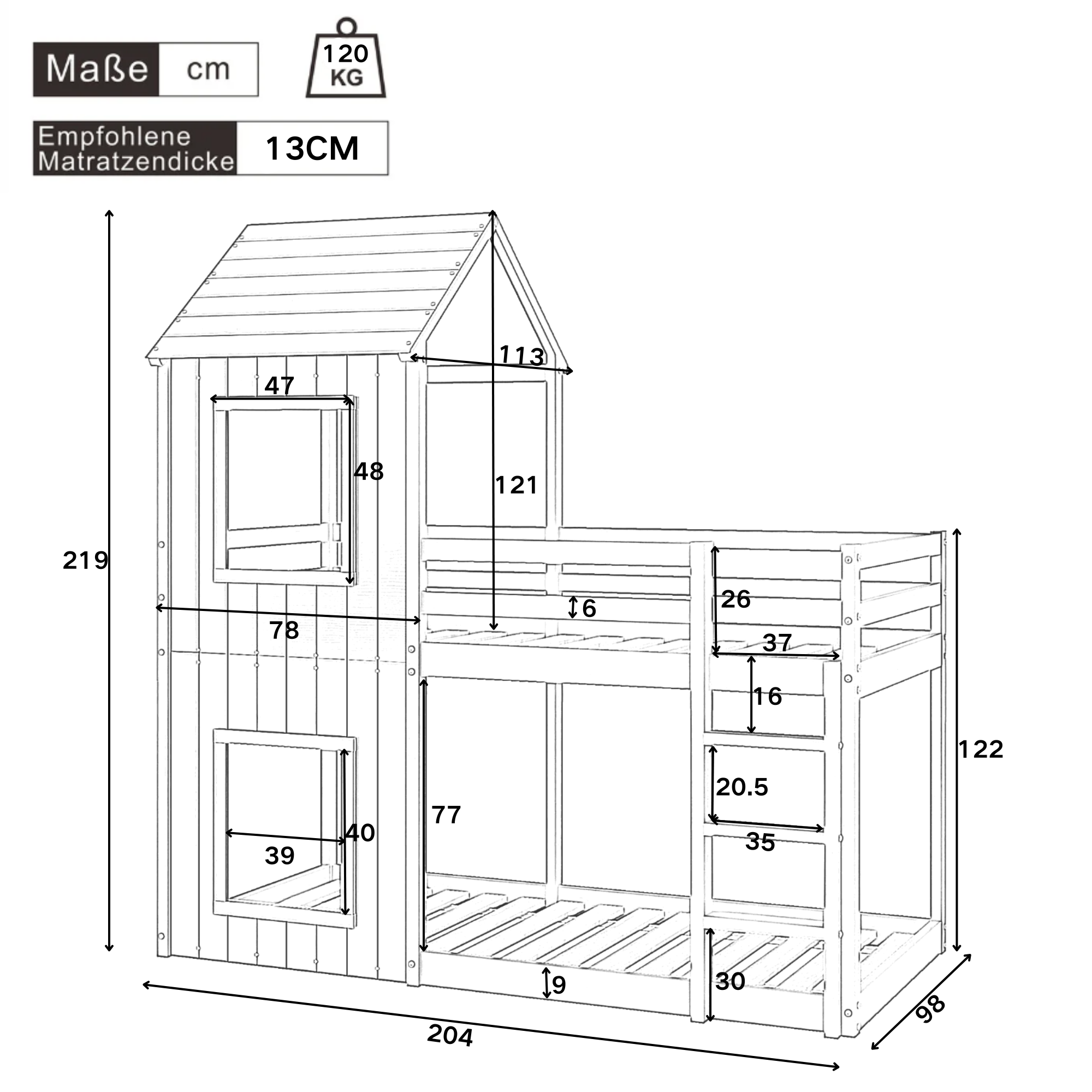 Bunk Bed, House Bed with Ladder & Canopy, Solid Wood, Grey