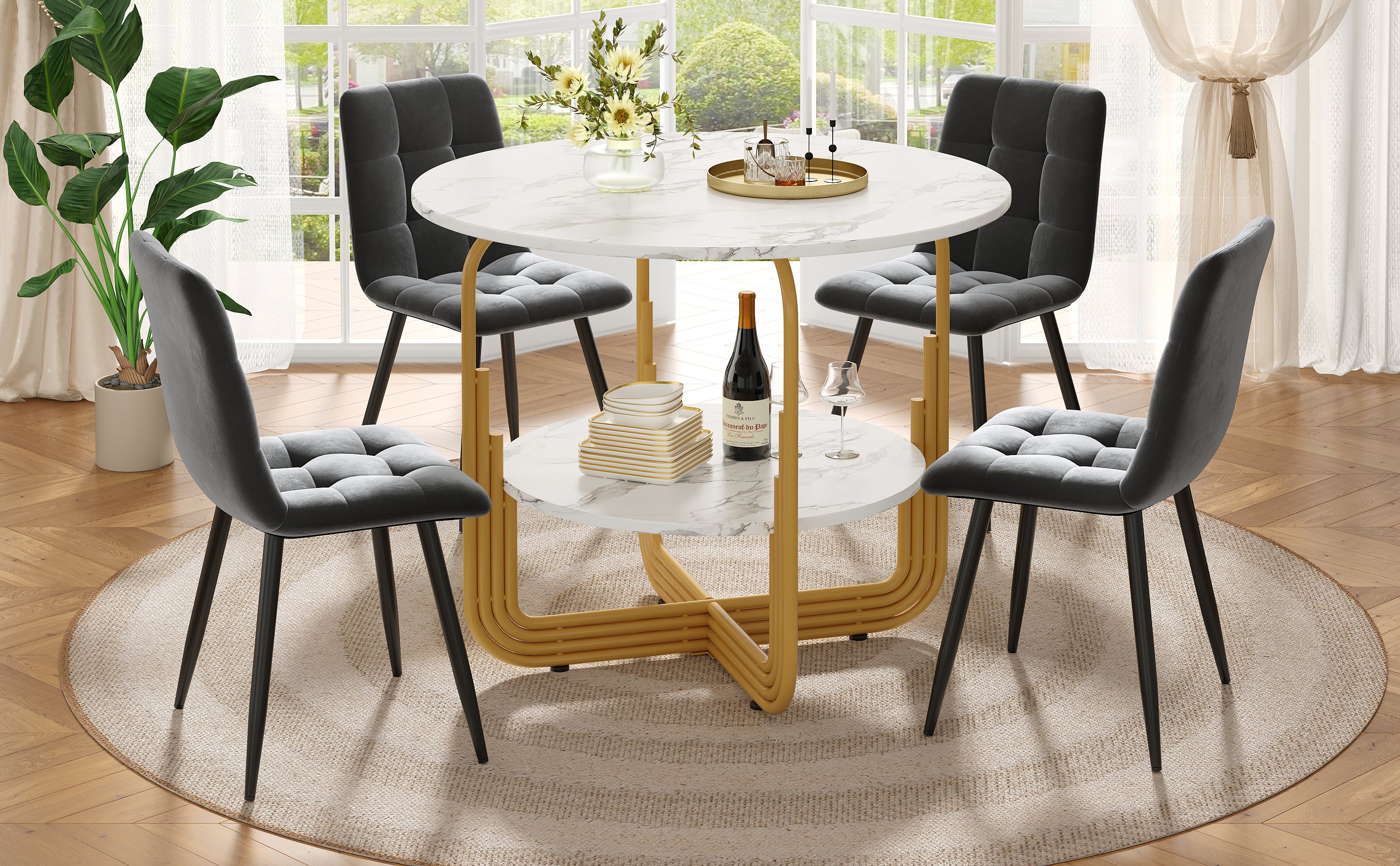 Dining Table Set, 5-Piece Round with 4 Chairs, 80cm, Gold Metal Legs, MDF Marble, Grey