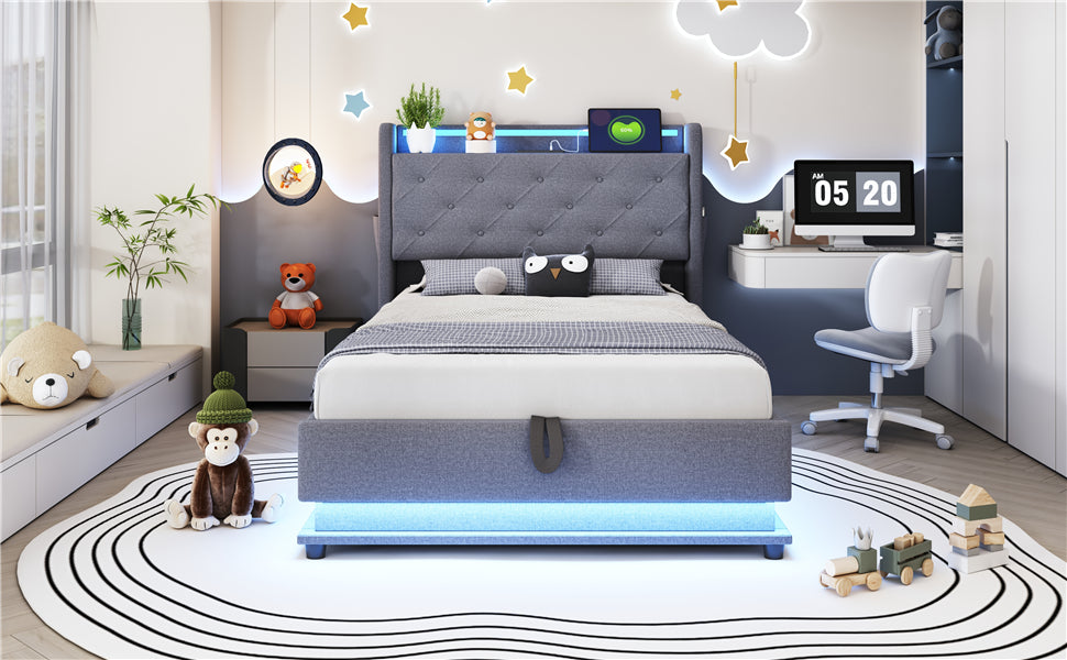 Children's Bed, Upholstered with Lights, USB, Storage, Gray Linen
