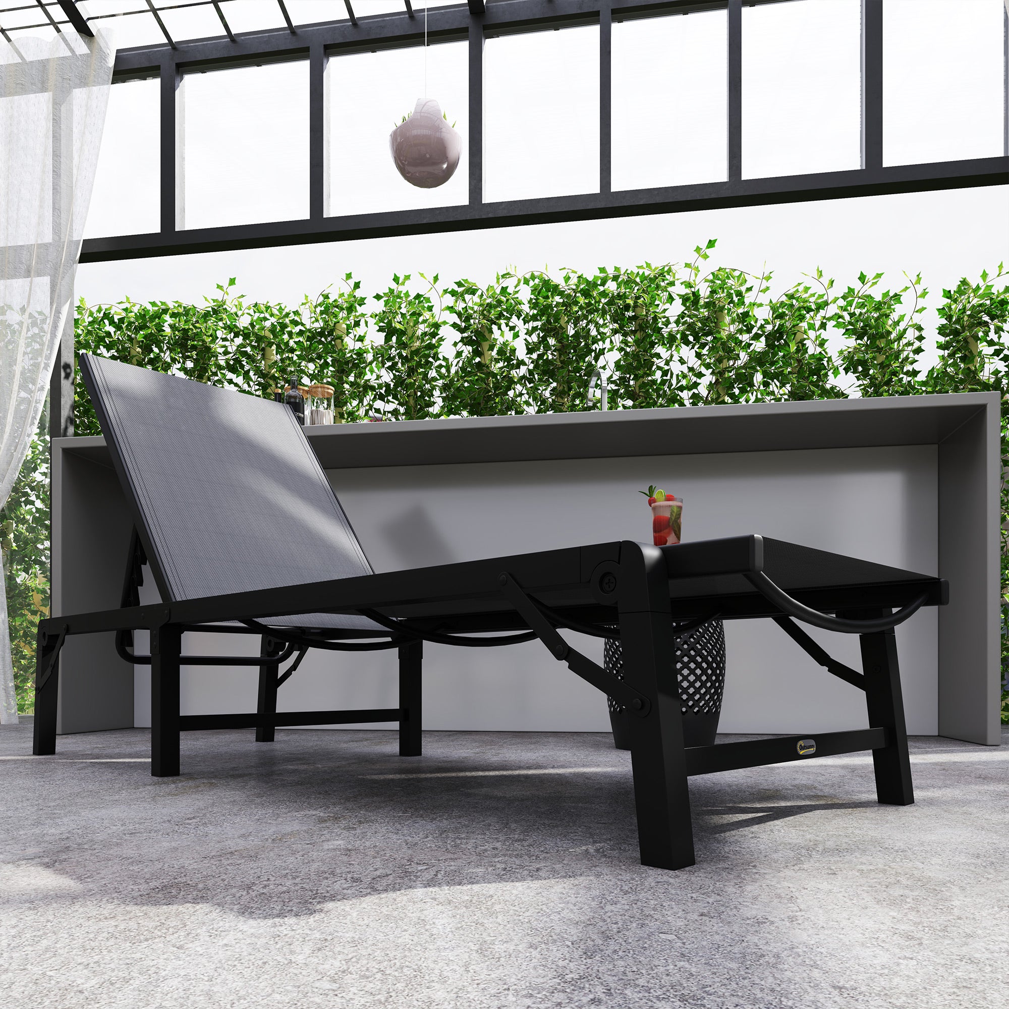 Folding Sun Lounger, 5-Position Adjustable Reclining with Steel Frame, Light Grey