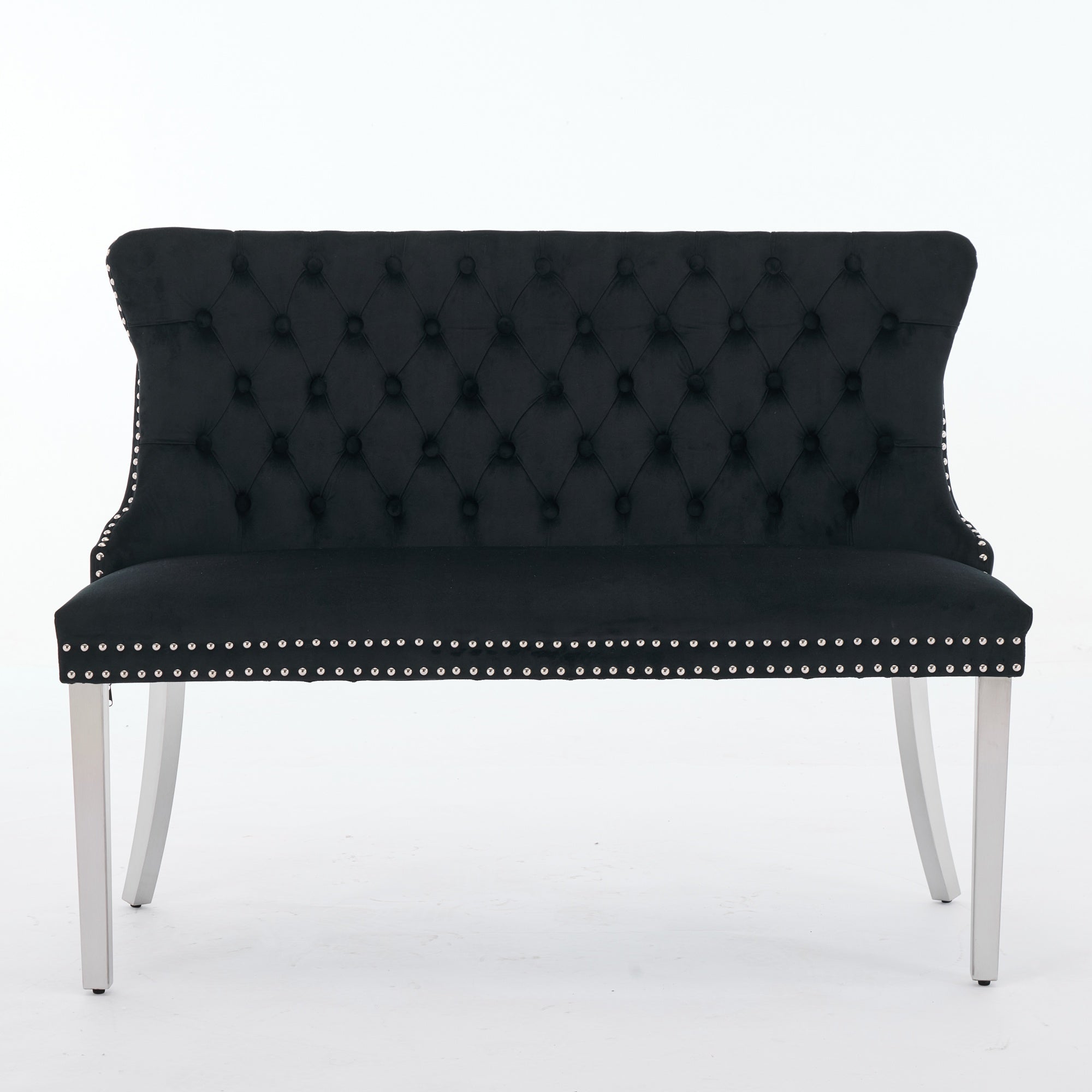 Velvet Double Dining Loveseat Bench, 2-Seat Tufted Wing Back with Brushed Silver Legs, Black Velvet