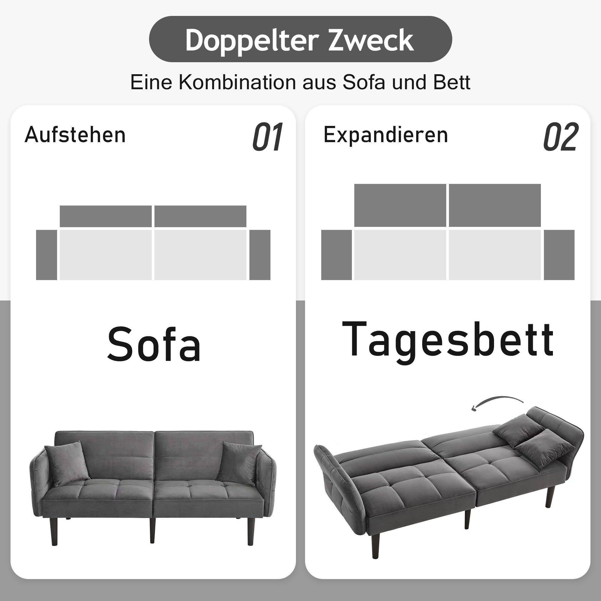 2-in-1 Sofa Bed, Two-seater Folding Armrests Sleeper, Velvet