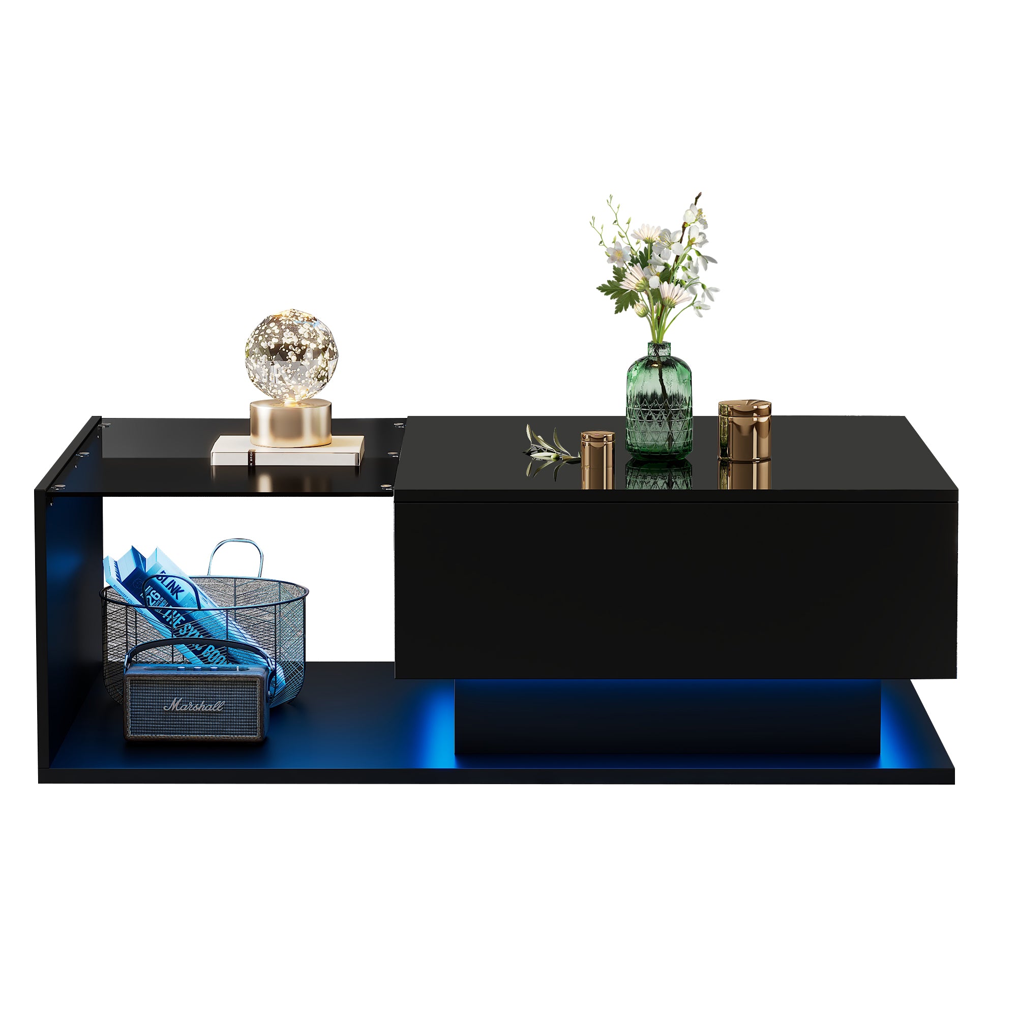 High-gloss Black Coffee Table with Glass Top & Drawers
