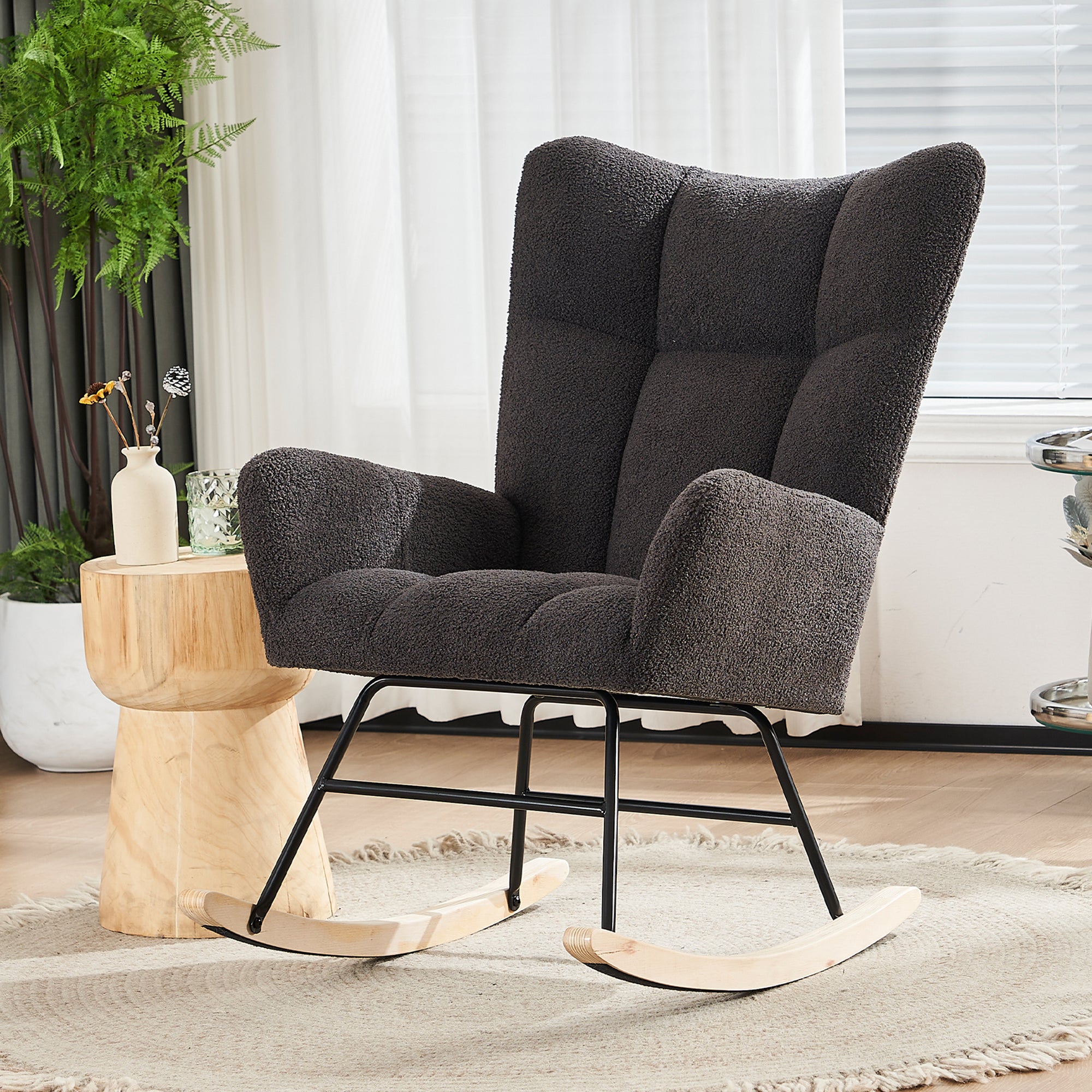 Modern Rocking Chair, High Backrest Armrests, Grey