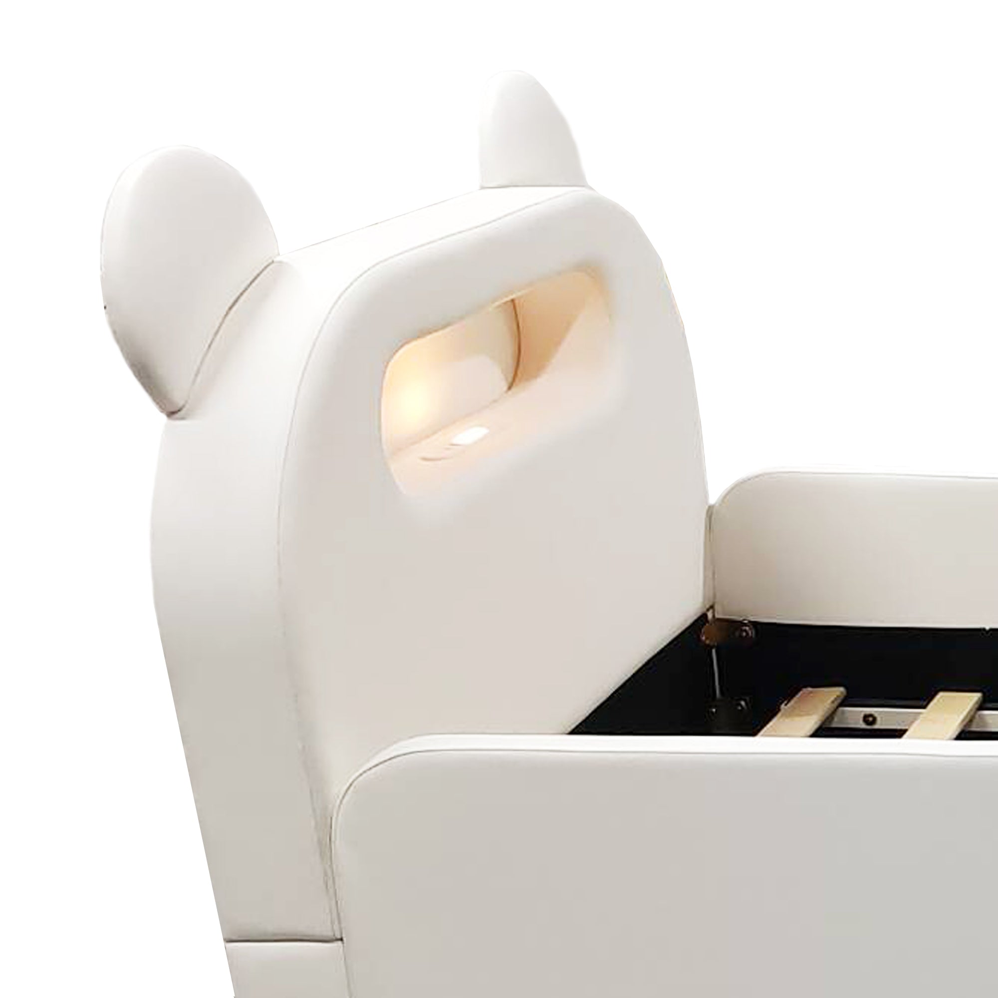 Children's Upholstered Bed 90x200cm Bear Headboard Night Light USB Storage Step Seat White Faux Leather