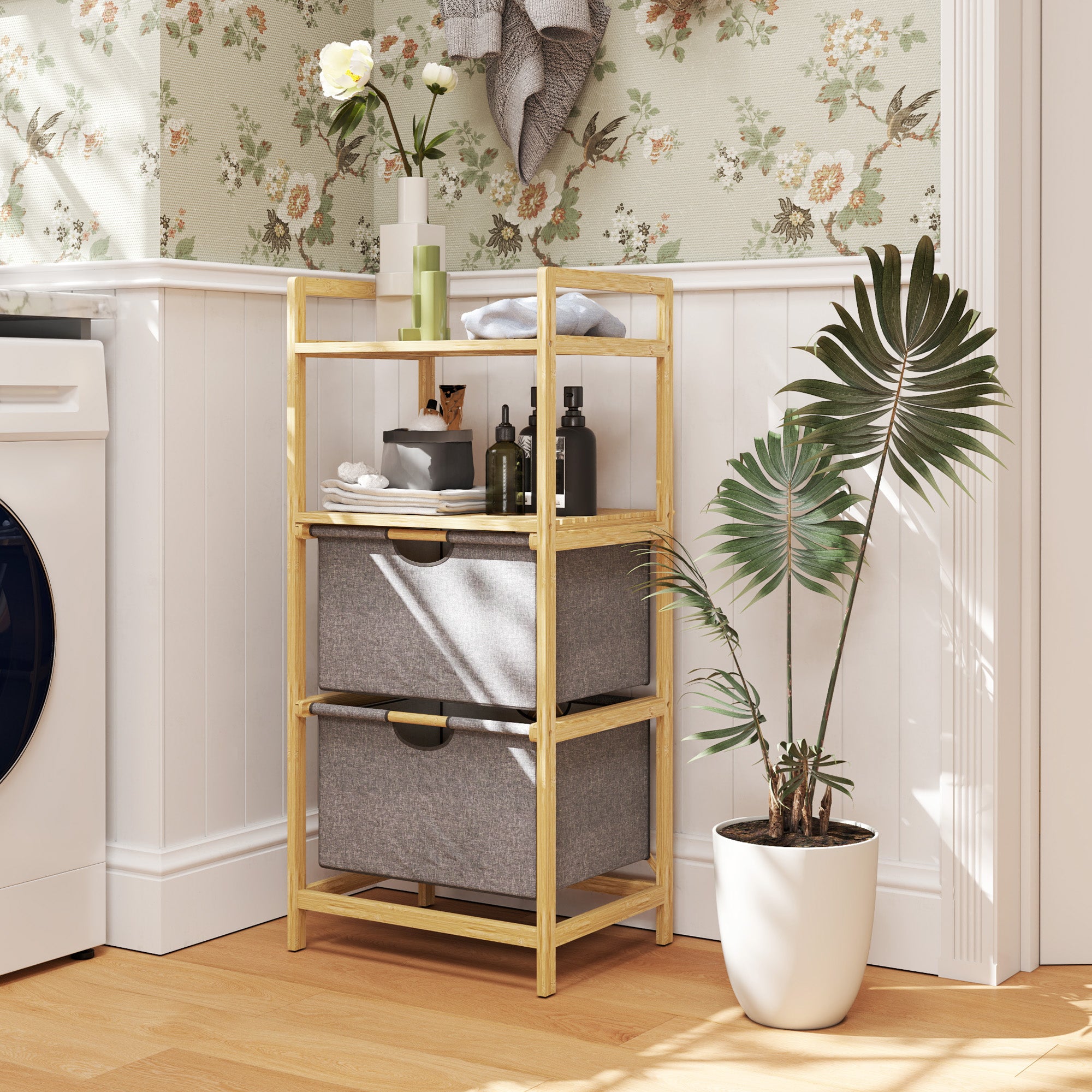 Laundry Basket with 2 Fabric Baskets, Open Shelves, Handle, Bamboo, Natural