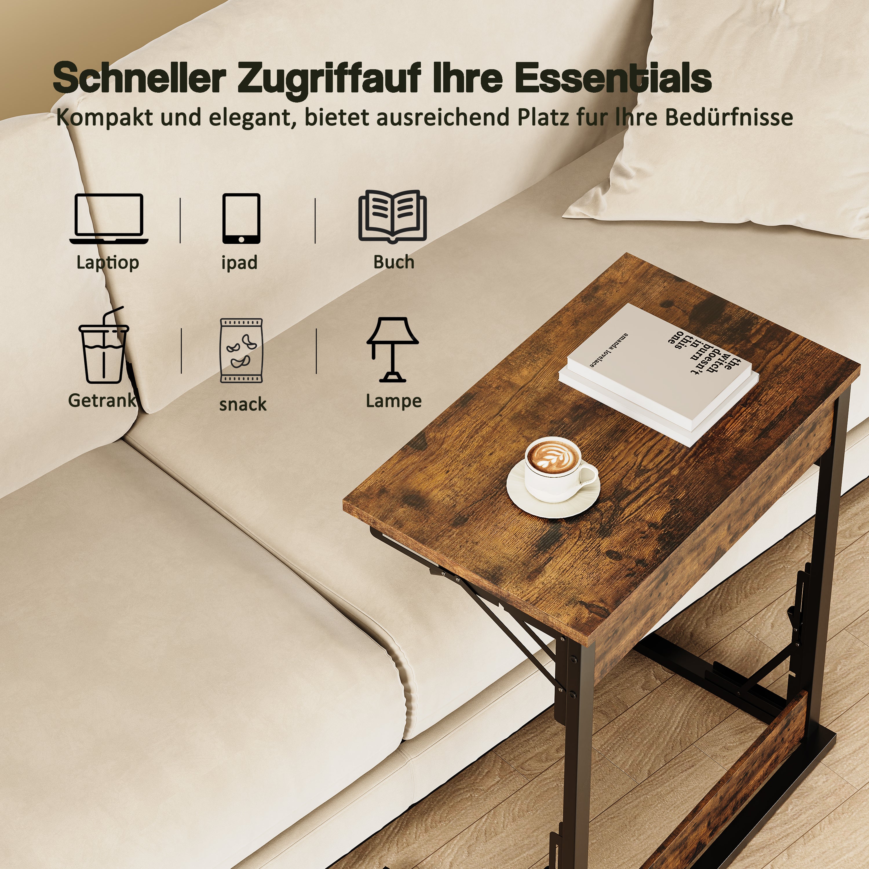 C-shaped Side Table Foldable Metal Frame Adjustable Feet TV Tray - Brown