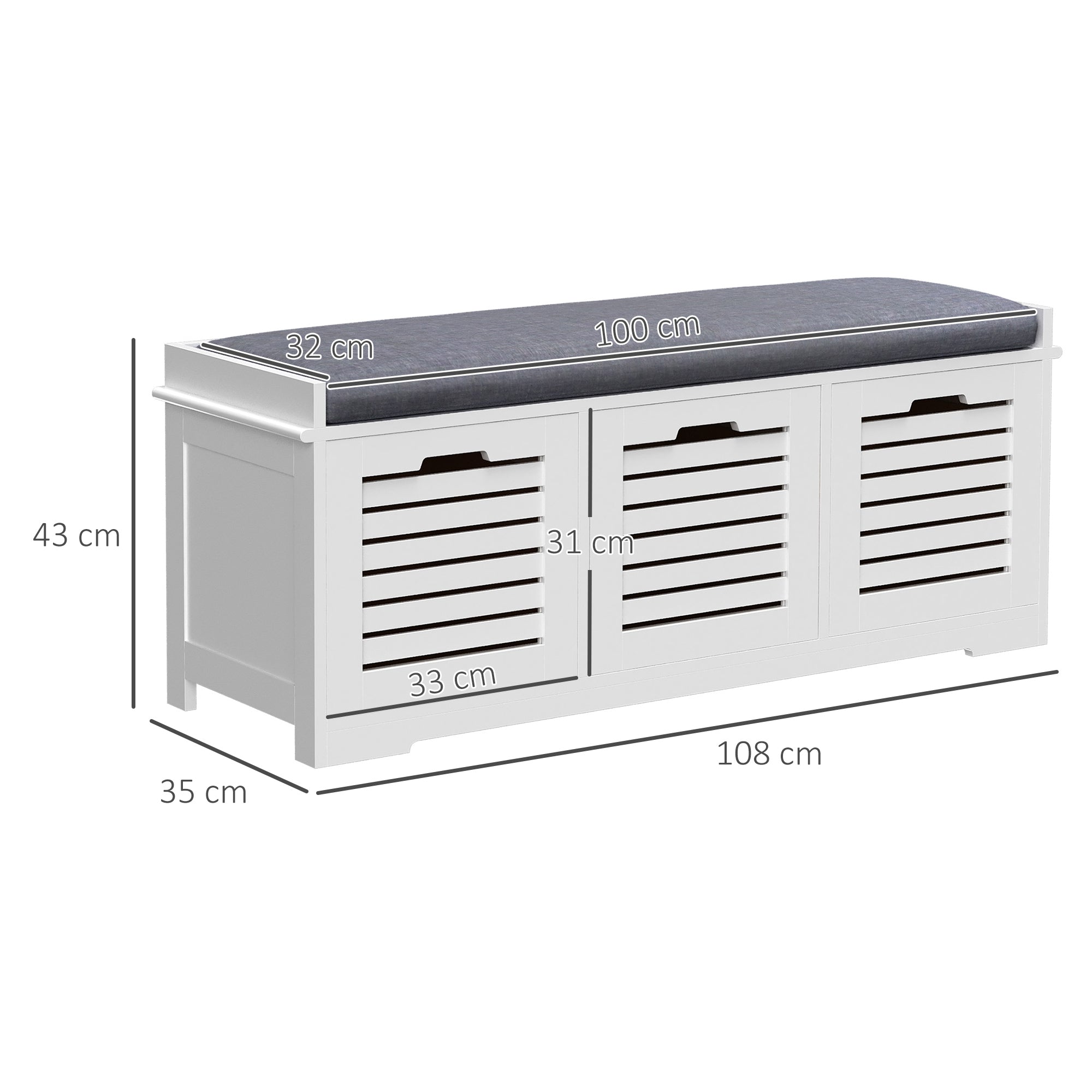 Shoe Storage Bench with 3 Drawers & Removable Seat Cushion, Grey