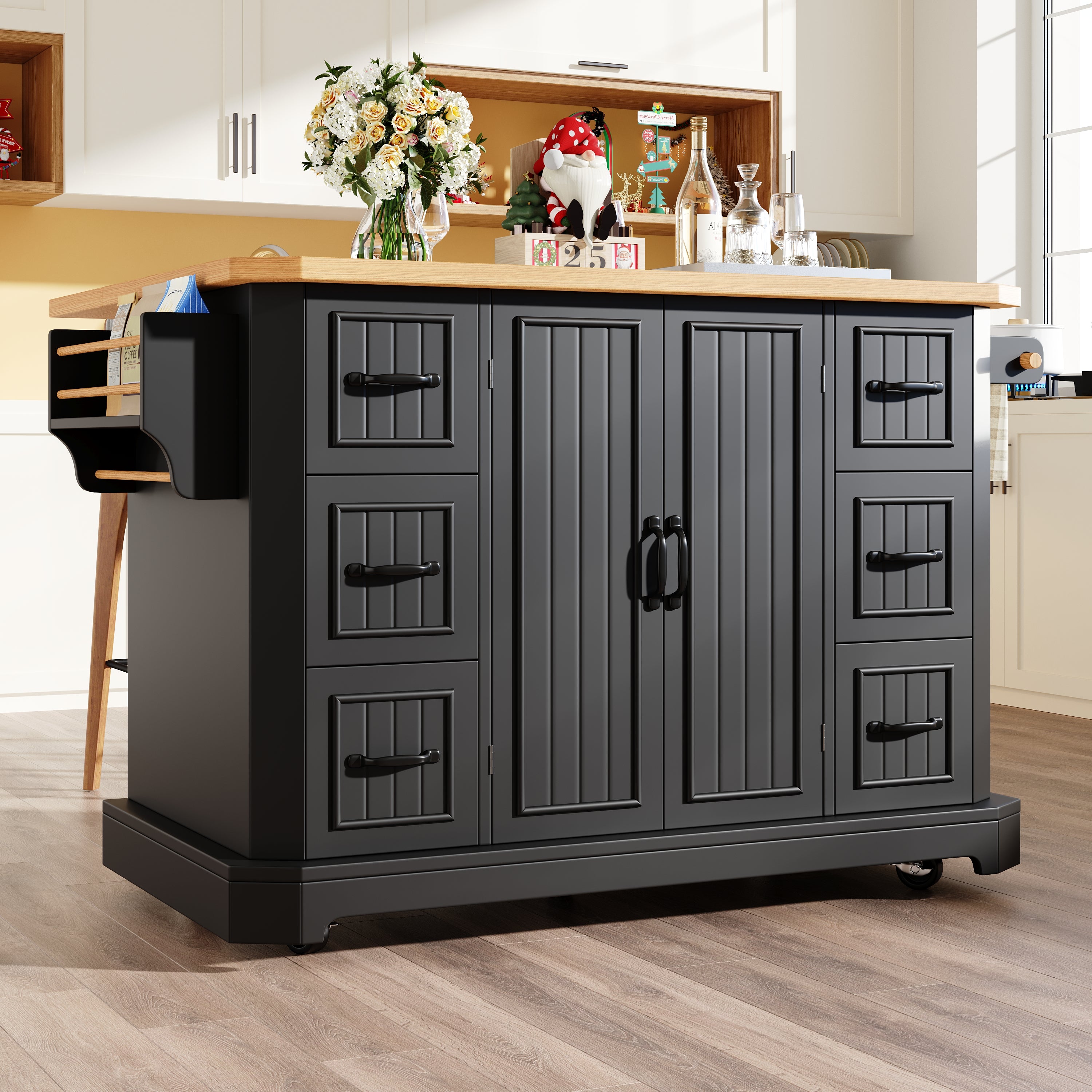 Mobile Kitchen Island with 2 Doors and 6 Drawers, White and Black