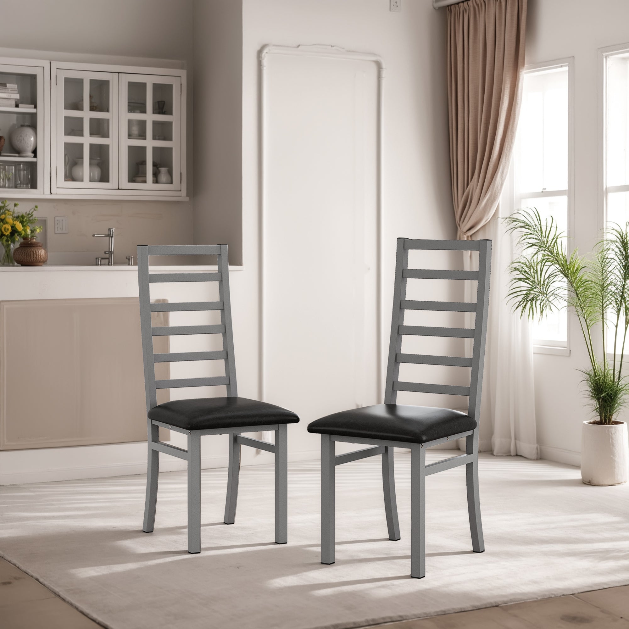 Metal Dining Chairs, Set of 2, High Back Armless, Steel & PU Leather, Grey