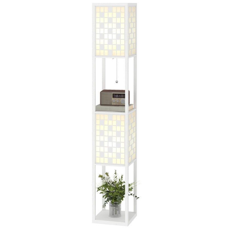 Floor Lamp, 2 Compartments E27 Socket Lattice Pattern Column with Foot Switch and Pull Chain, White