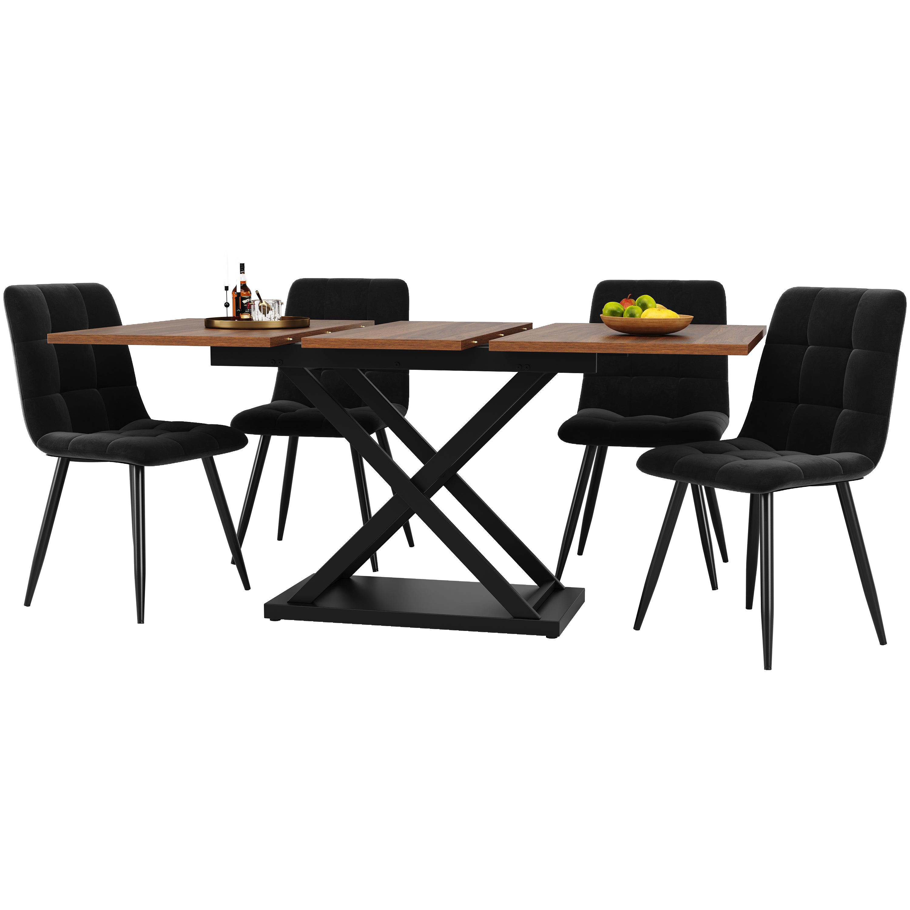 Dining Set, 5-Piece Extendable for 4, Black Velvet & Walnut