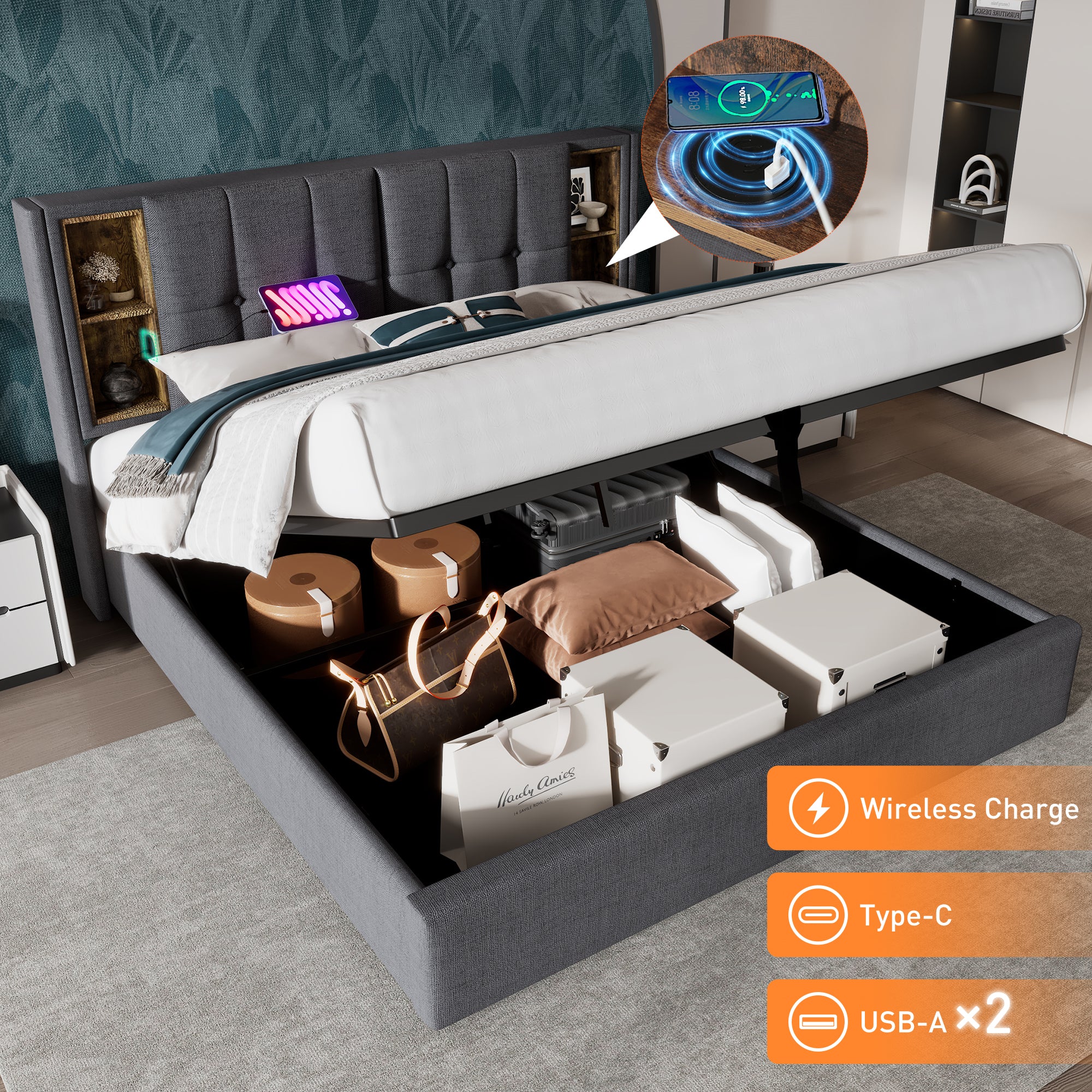 Upholstered Bed King Size 150 x 200 cm, Hydraulic Storage with Wireless Charging, Linen Fabric, Grey