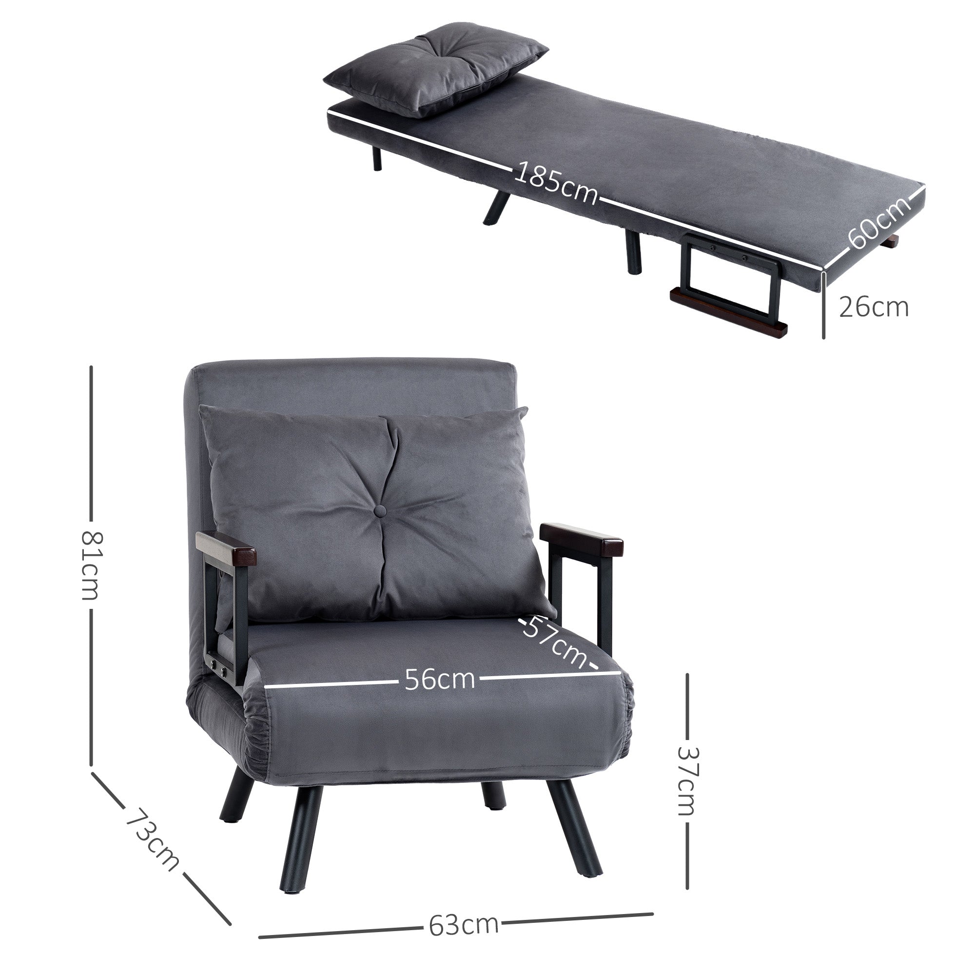 Single Chair Bed, 4-in-1 Convertible with Pillow, Velvet-Feel Charcoal Grey