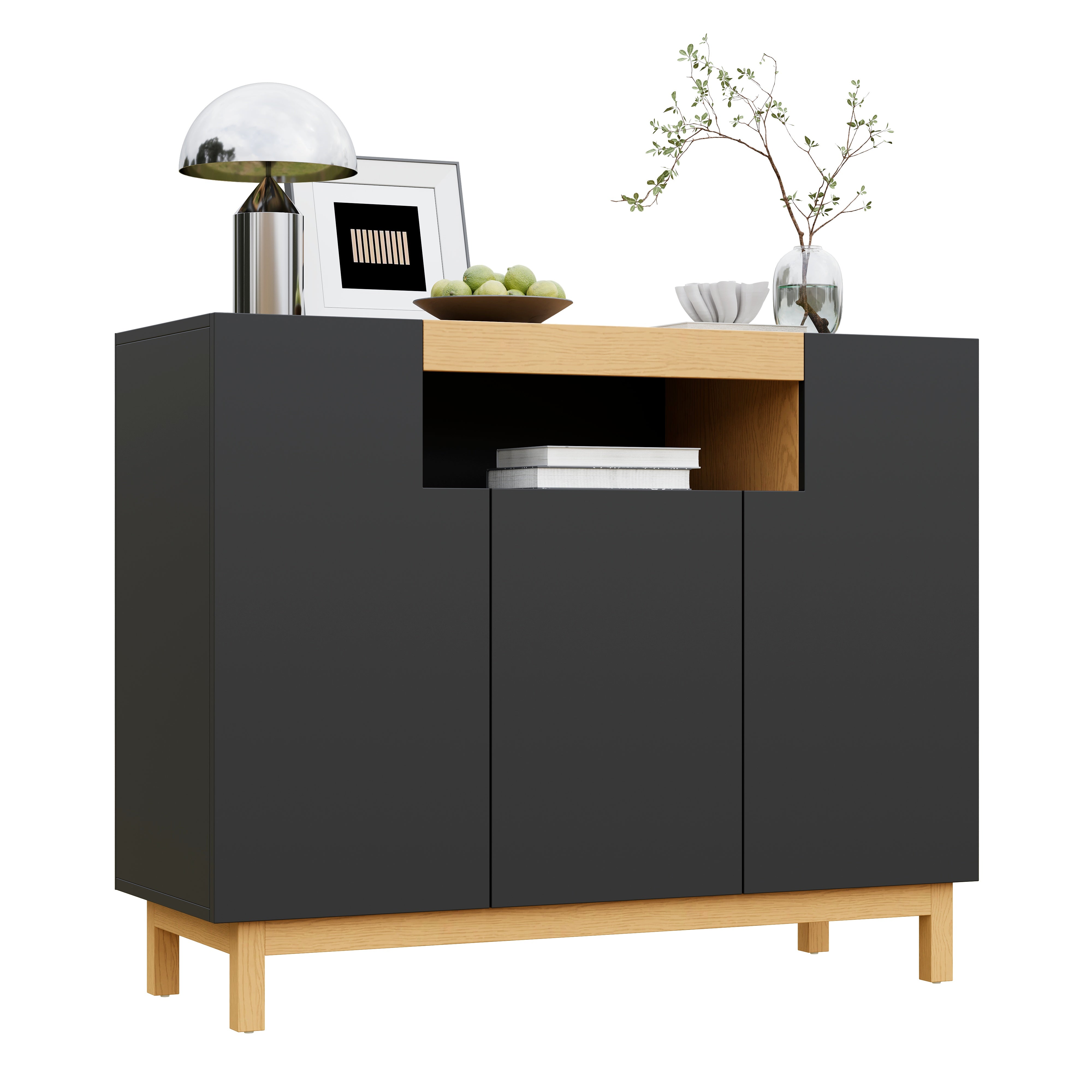 Sideboard with 3 Doors and Open Compartment, Black and Wood Finish