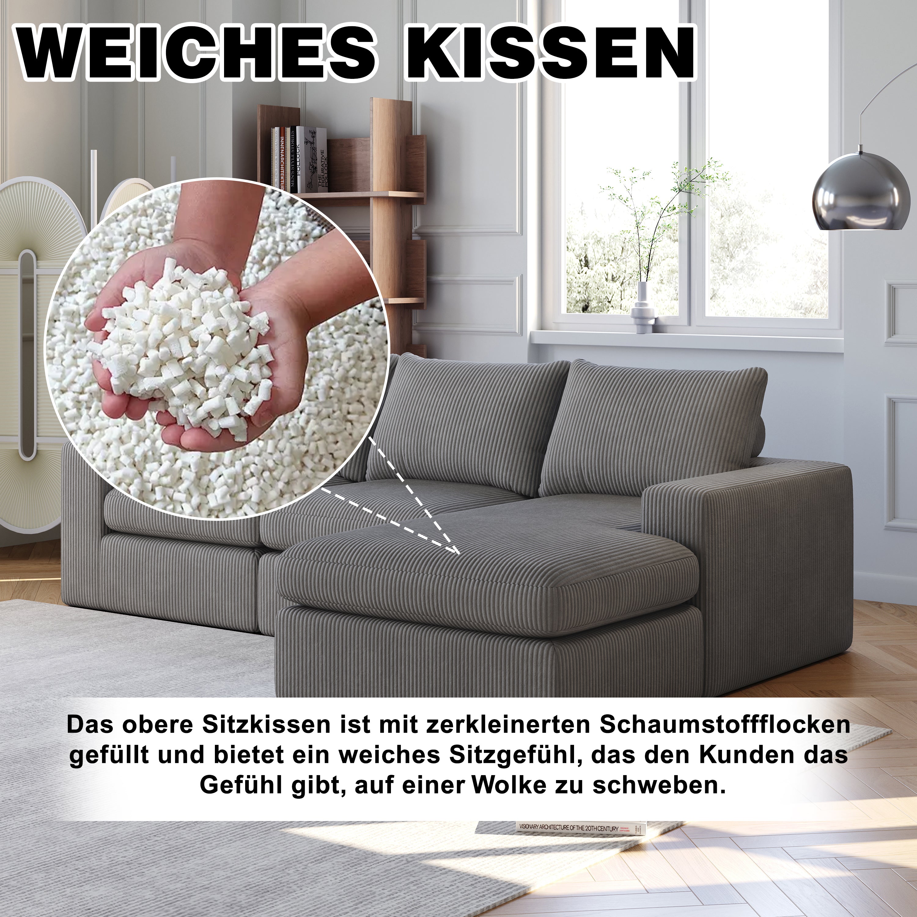 Boneless Couch with Chaise, L-shaped Modern Upholstered Corduroy