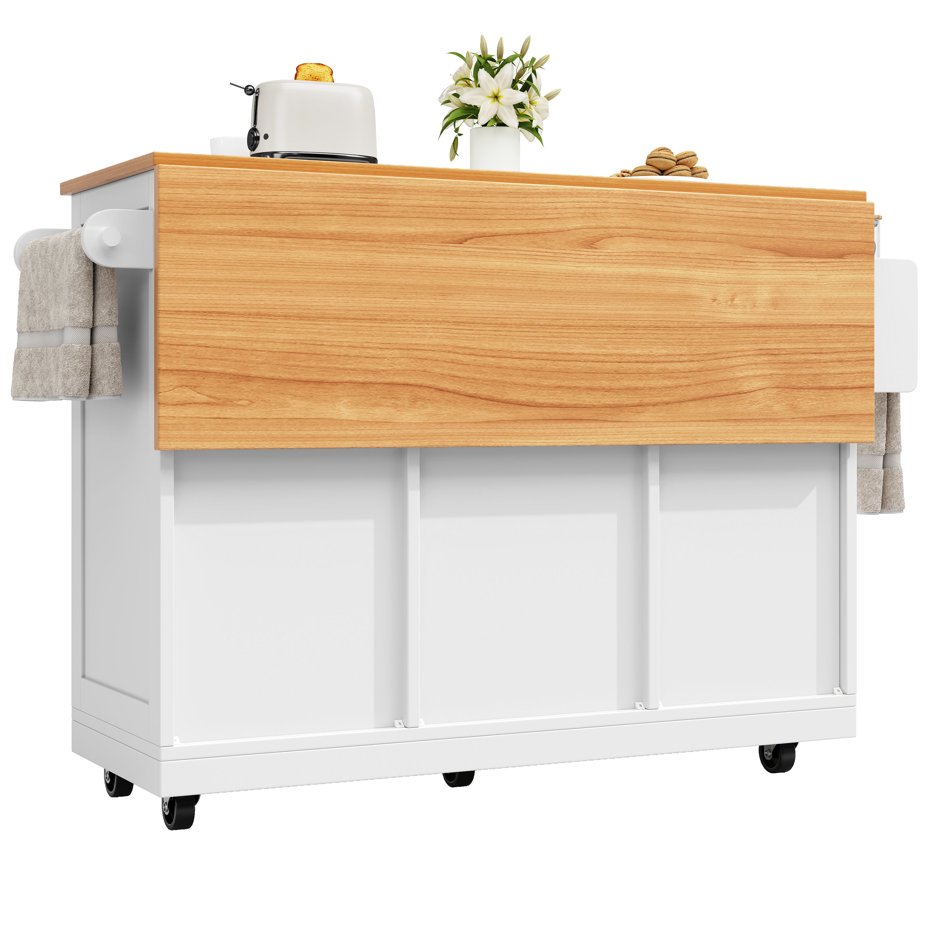 Kitchen Island Dining Trolley Sideboard Worktop Casters Adjustable Storage White