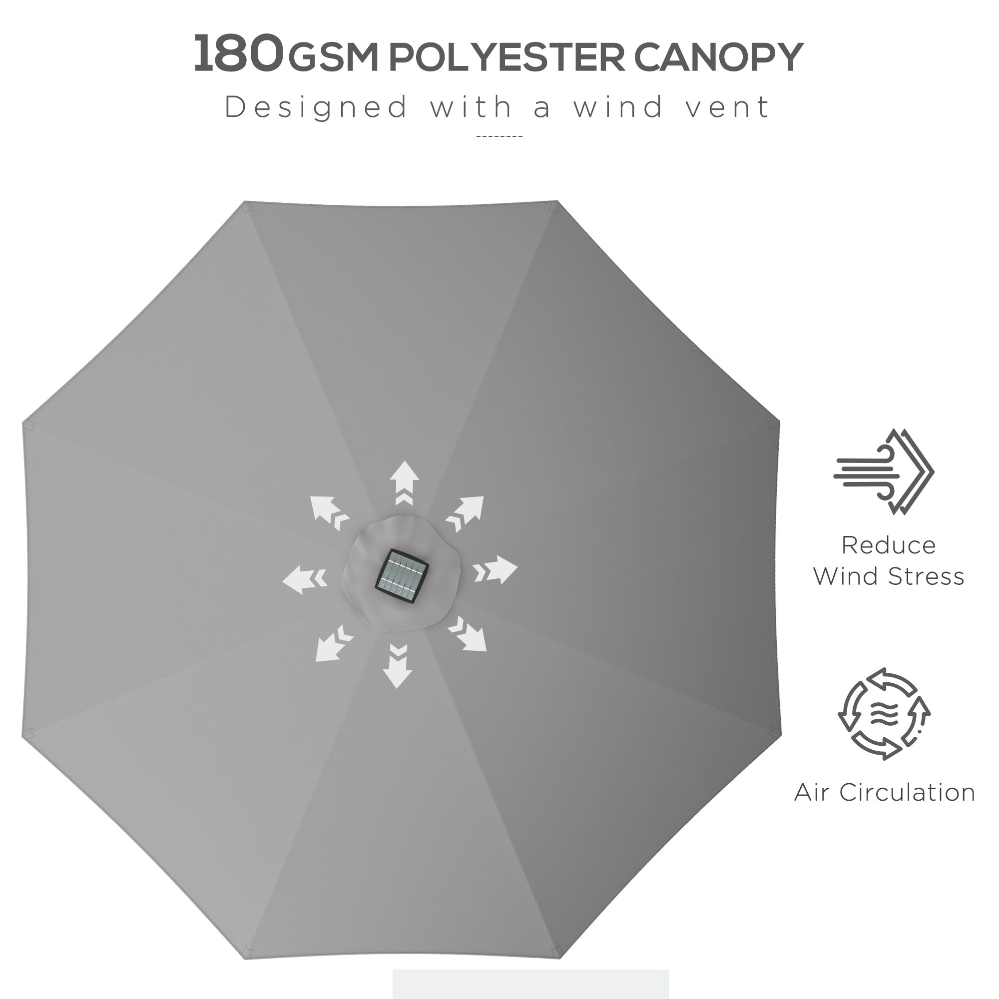 Garden Parasol Umbrella, 2.65m LED Lights, Light Grey