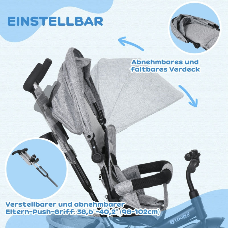 6-in-1 Tricycle with Push Bar, Removable Sun Canopy, 5-Point Safety Harness, Grey