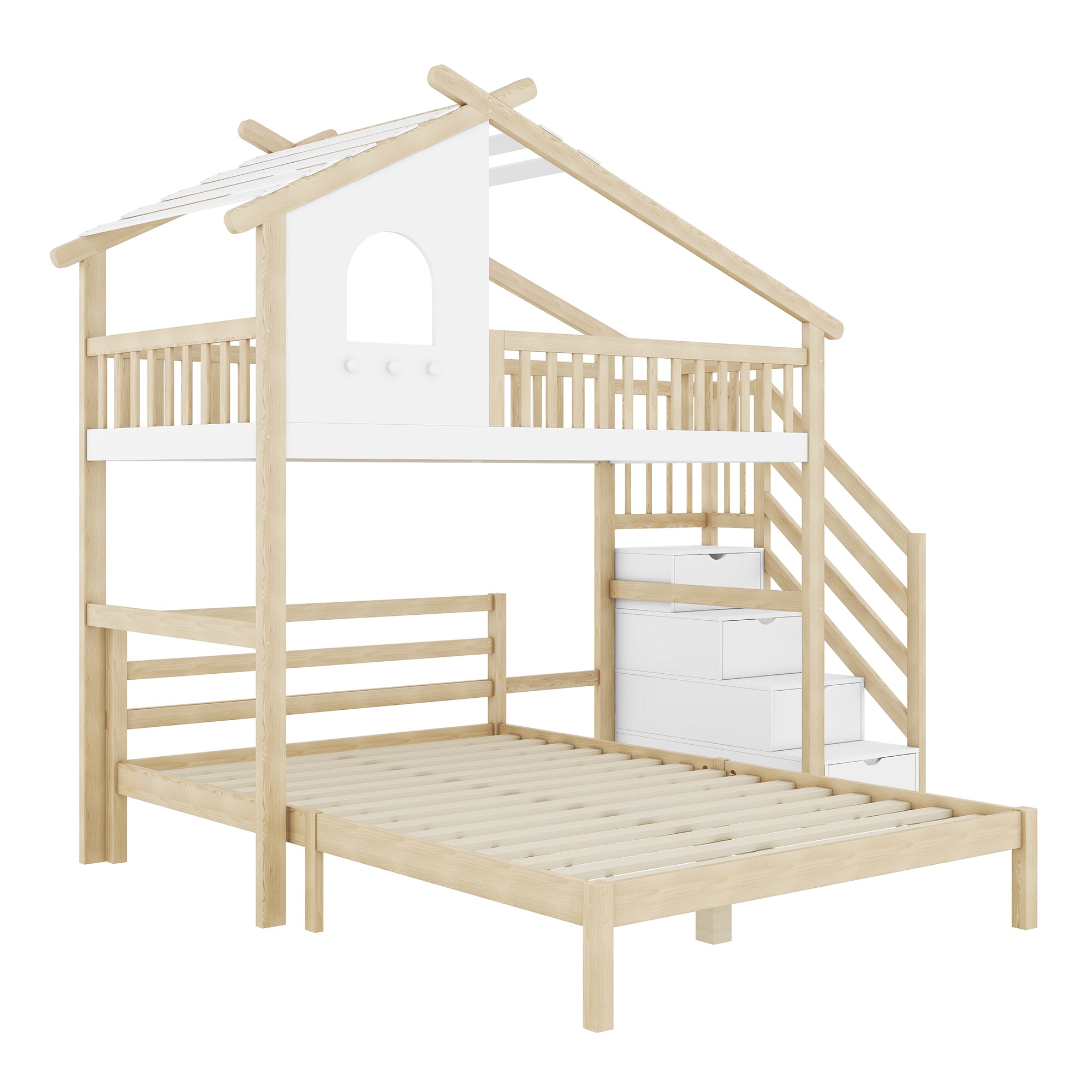 Bunk Bed with Storage Ladder, Bed Rail & Window, White + Natural