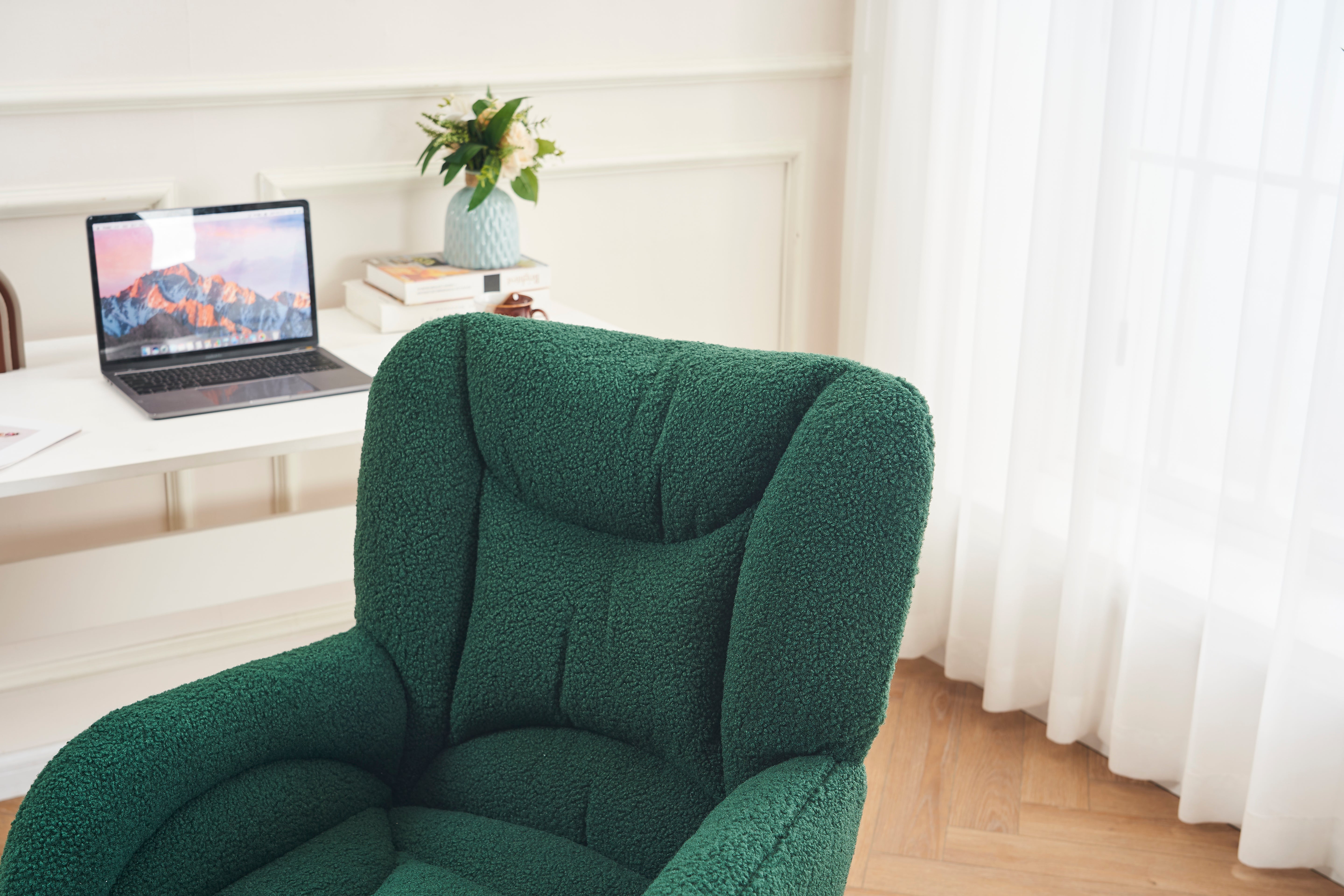 Swivel Chair Adjustable Height Gold Legs Teddy Fabric - Green