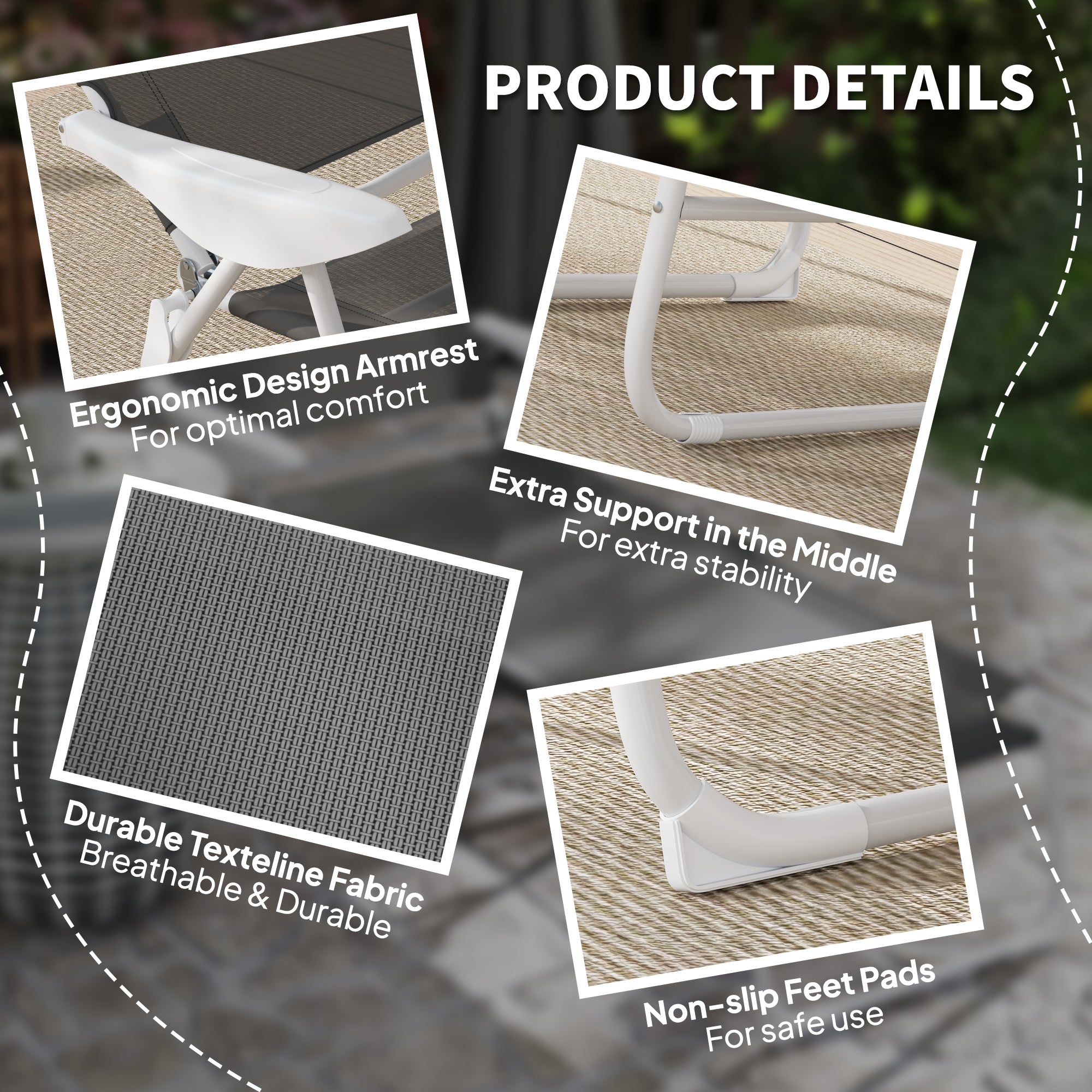 Foldable Lounge Chair, 4-Level Adjustable Backrest & Headrest, Charcoal Grey