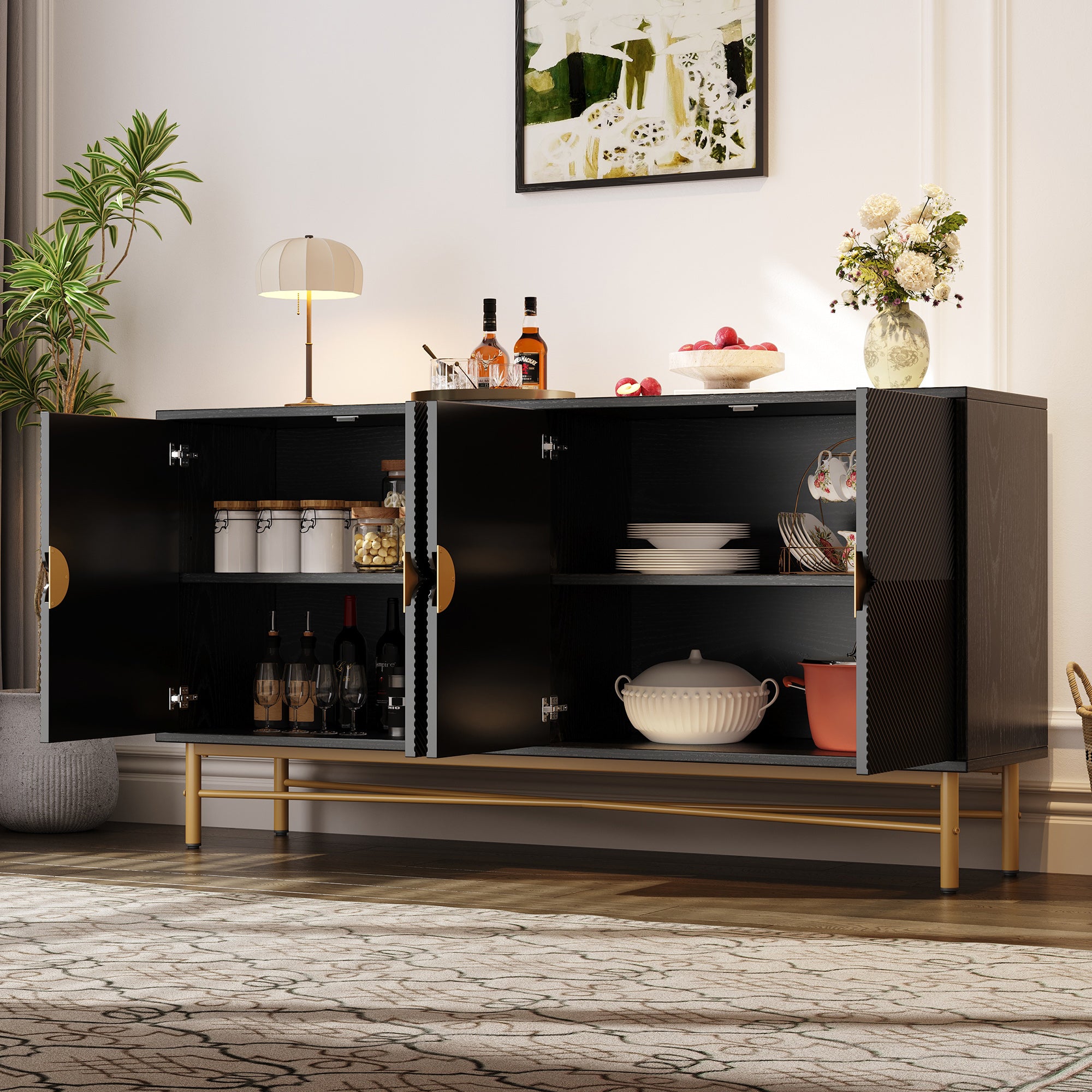 Sideboard Raised Texture 160cm, Cabinet Four Doors, Golden Brushed Handles and High-Gloss Table Legs, Black