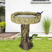 Birdbath concrete wood look with decorative artificial bird
