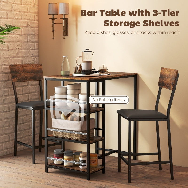 Three-Piece Compact Bar Table Set with Shelves and Upholstered Stools, Brown/Black