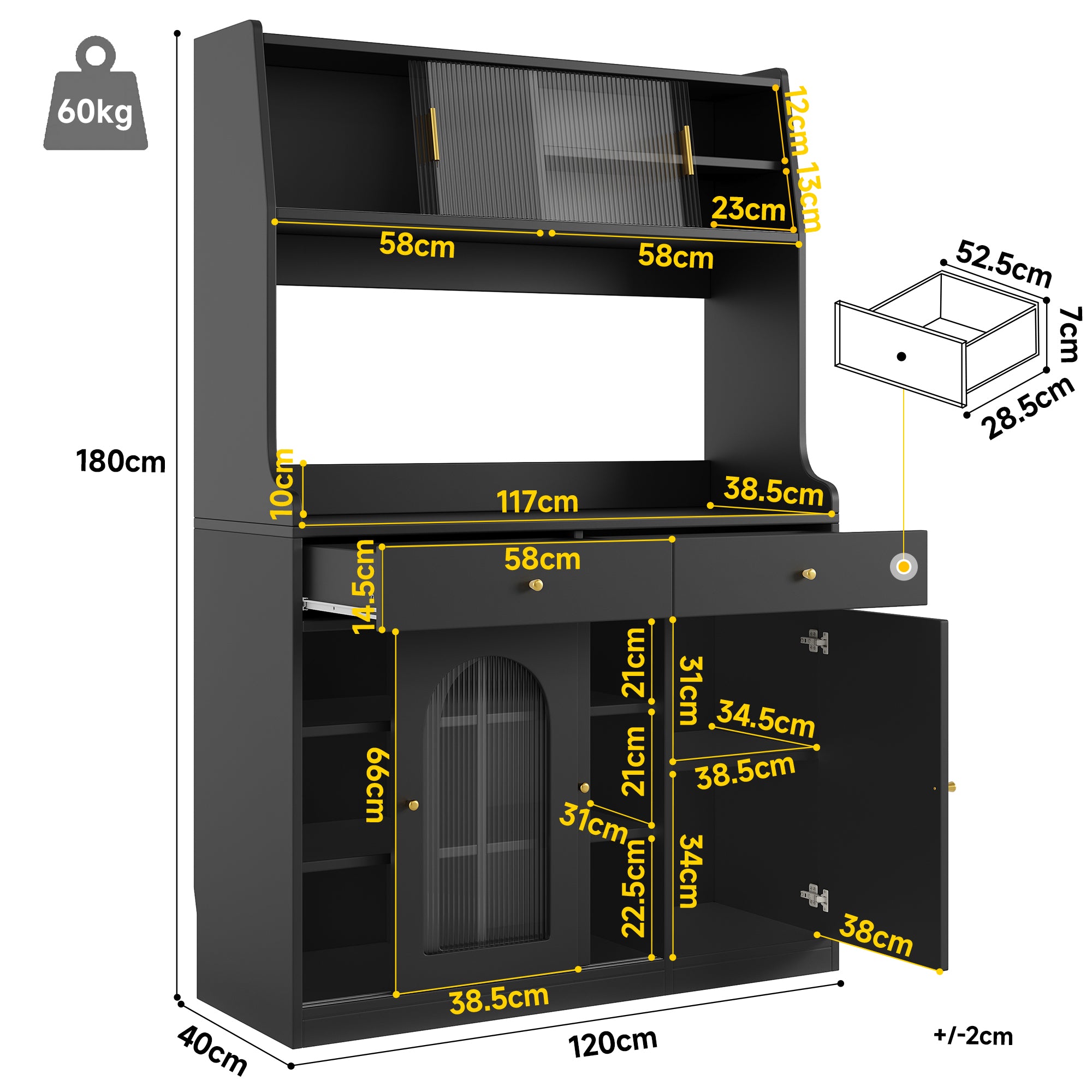Tall Cabinet Sideboard with LED Adjustable Shelves & 2 Drawers - Black