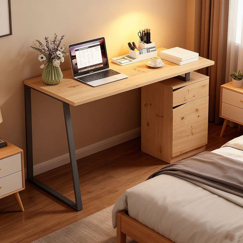 Computer Desk with Cabinet Drawer Metal Legs, Natural Wood Finish