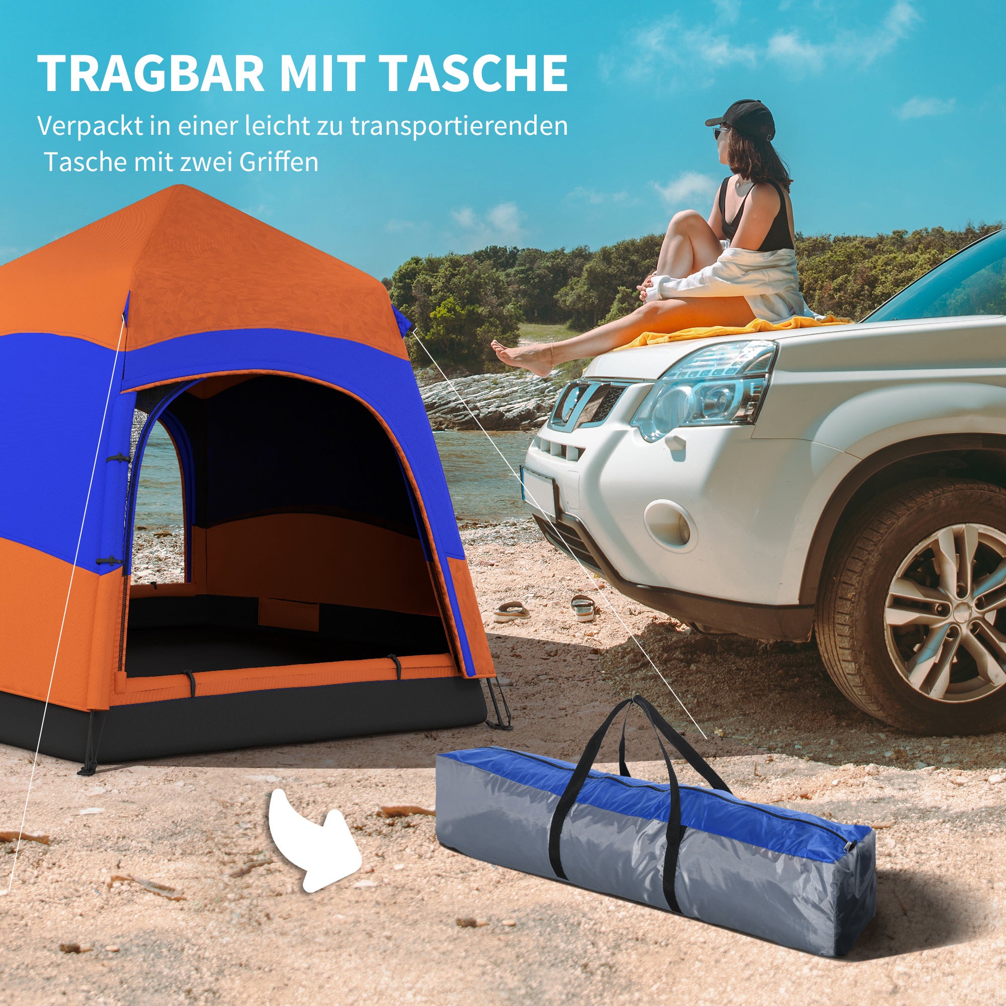 Family Tent Quick-Up Double-Wall for 4-6 Persons, 4 Seasons, Waterproof, with Mosquito Net, 2 Doors