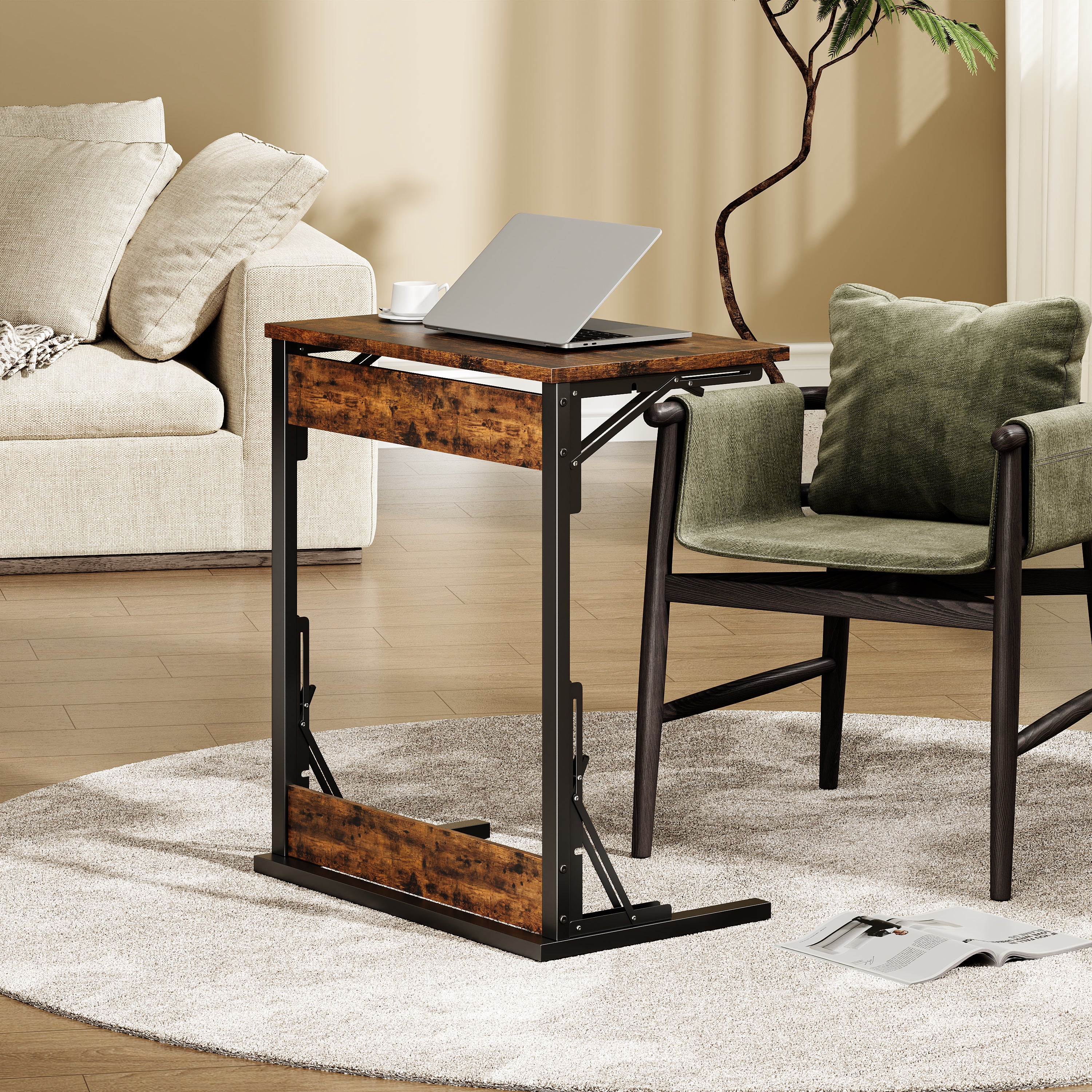 C-shaped Side Table Foldable Metal Frame Adjustable Feet TV Tray - Brown