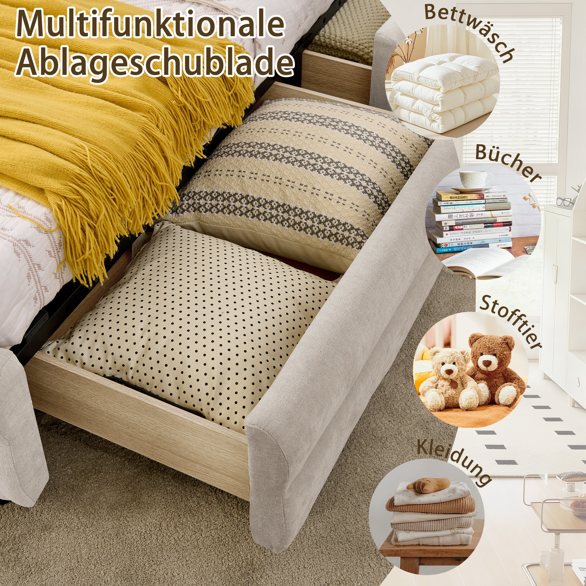 Single Bed 90x200 cm with Side Storage and USB Charging Port, Beige Chenille Fabric