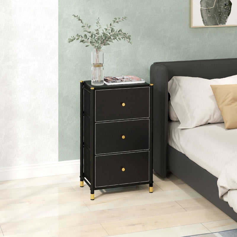 Chest of Three Drawers, Faux Leather Front Storage Unit, Black