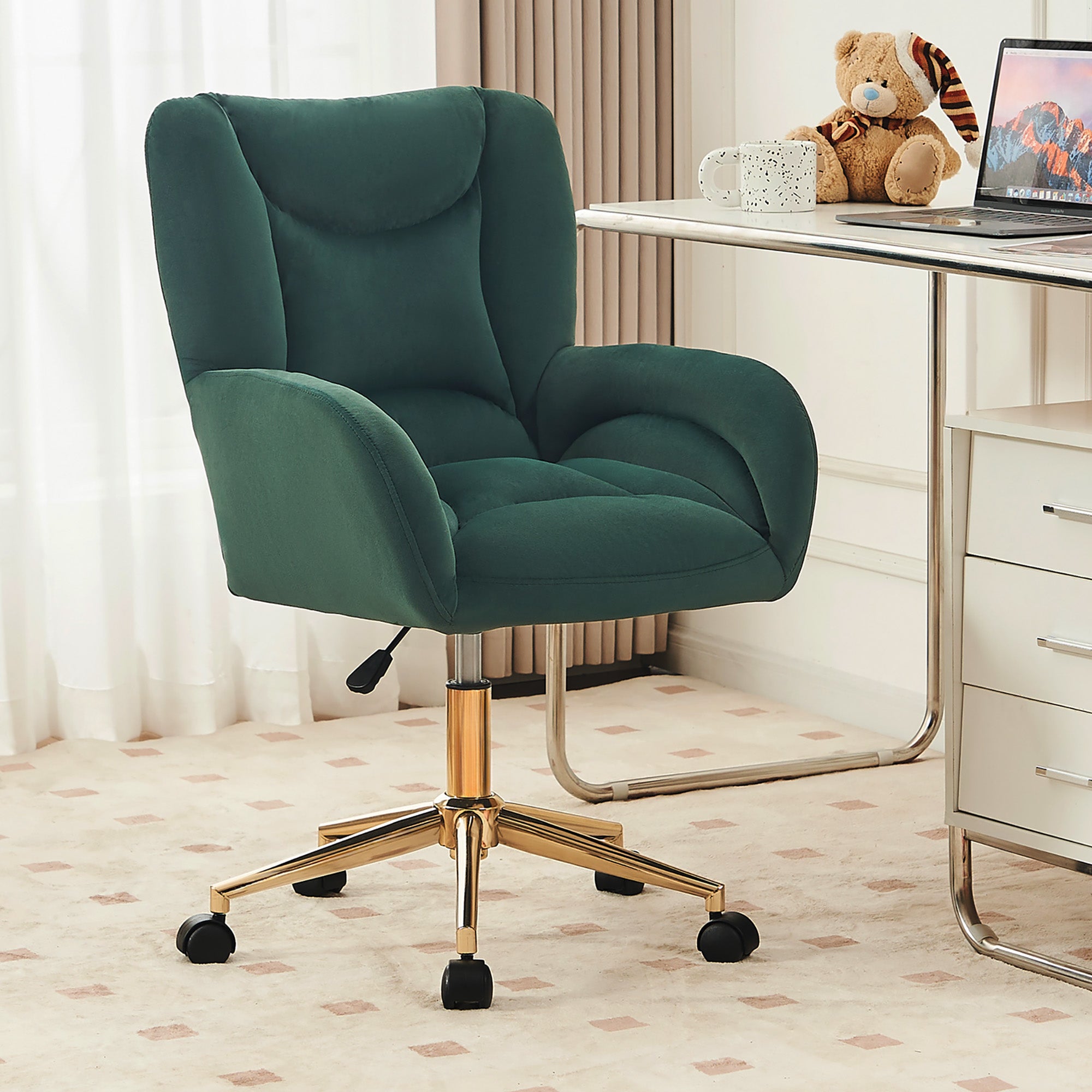 Full KD Swivel Chair, Height-Adjustable Home Office with Gold Legs, Green Velvet Fabric
