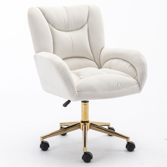 Full KD Velvet Fabric Adjustable Height Swivel Home Office Chair, Ivory