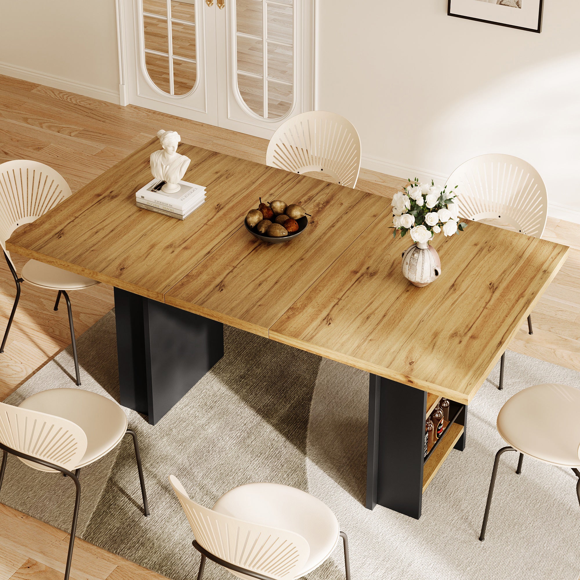 Telescopic Dining Table with Shelves and Extendable 120-160cm Surface, Wood Color