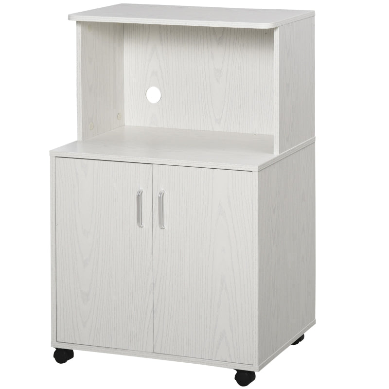 Kitchen Storage Unit Microwave Stand with Cabinet, Shelf, Locking Wheels - White